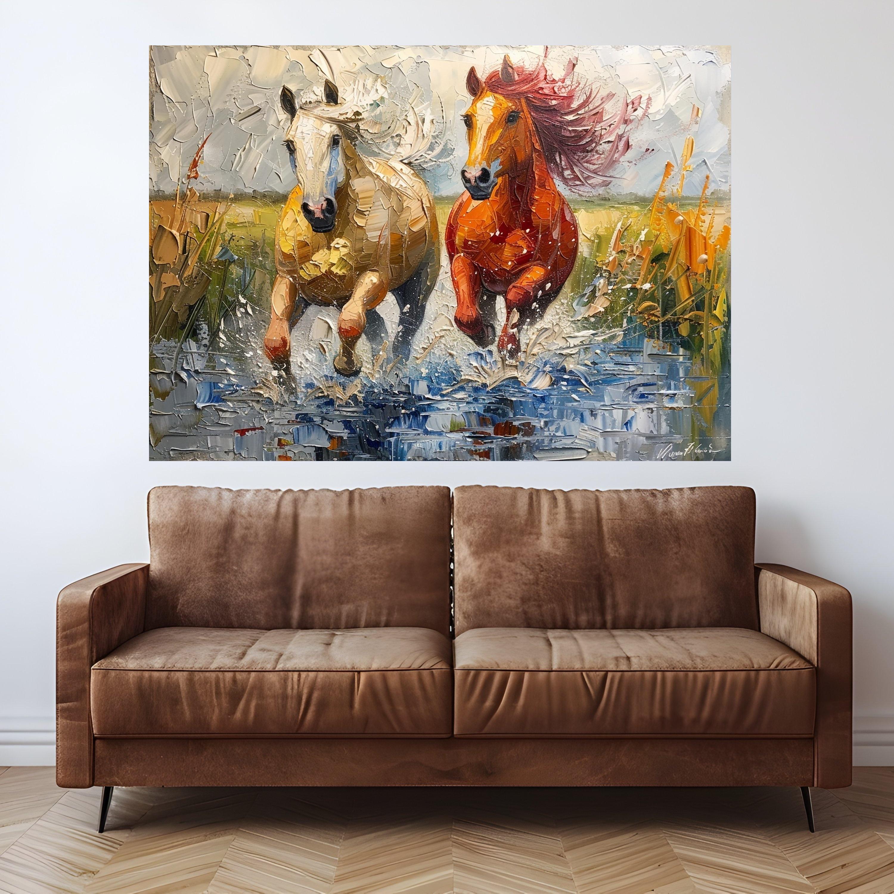 Running Horses Canvas Wall Art, Dynamic Animal Painting, Splashing Water Scene, Rustic Home Decoration, Nature Wildlife Canvas