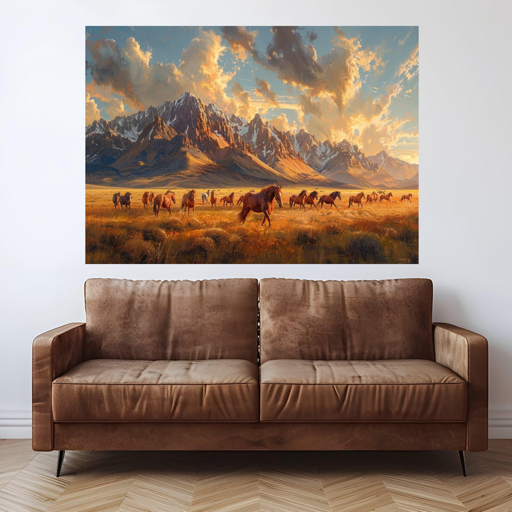 Wild Horses Running in Golden Meadow, Mountain Landscape Canvas, Sunset Sky Wall Art, Nature Scene Canvas, Rustic Home Decoration