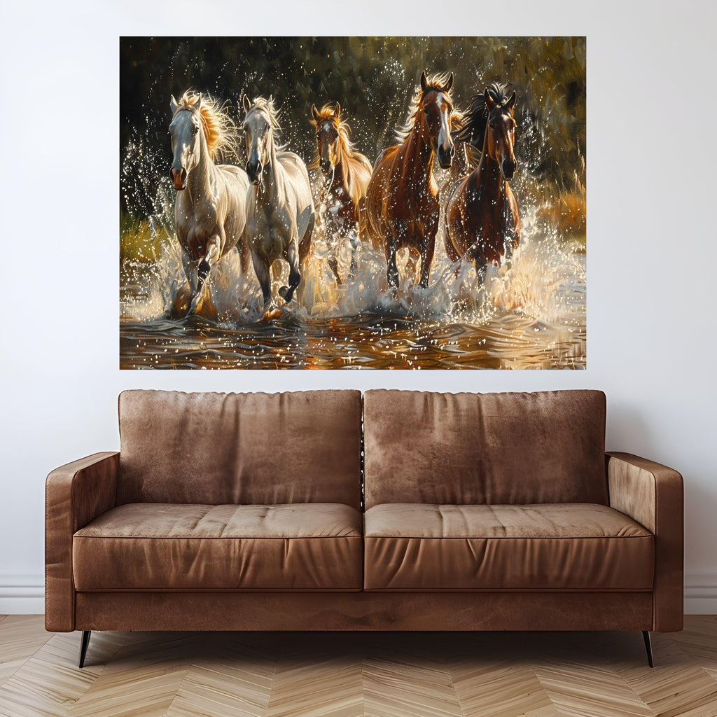 Galloping Horses Canvas Wall Art, Running Wild Horses, Nature Animal Canvas, Water Splashing Art, Equestrian Home Decor