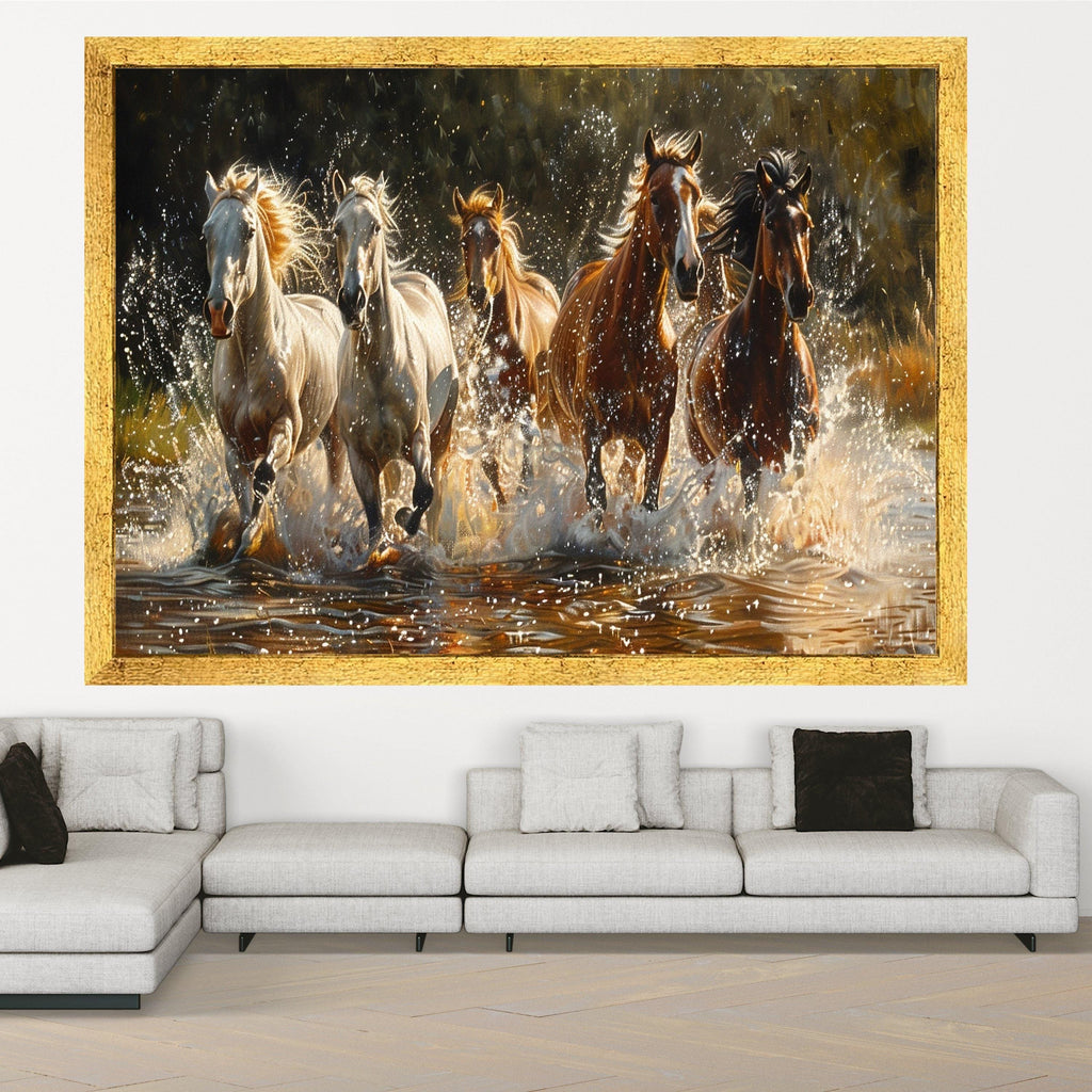 Galloping Horses Canvas, Wild Horse Herd Wall Art, Nature Animal Scene, Splashing Water Canvas, Dynamic Equestrian Home Decor
