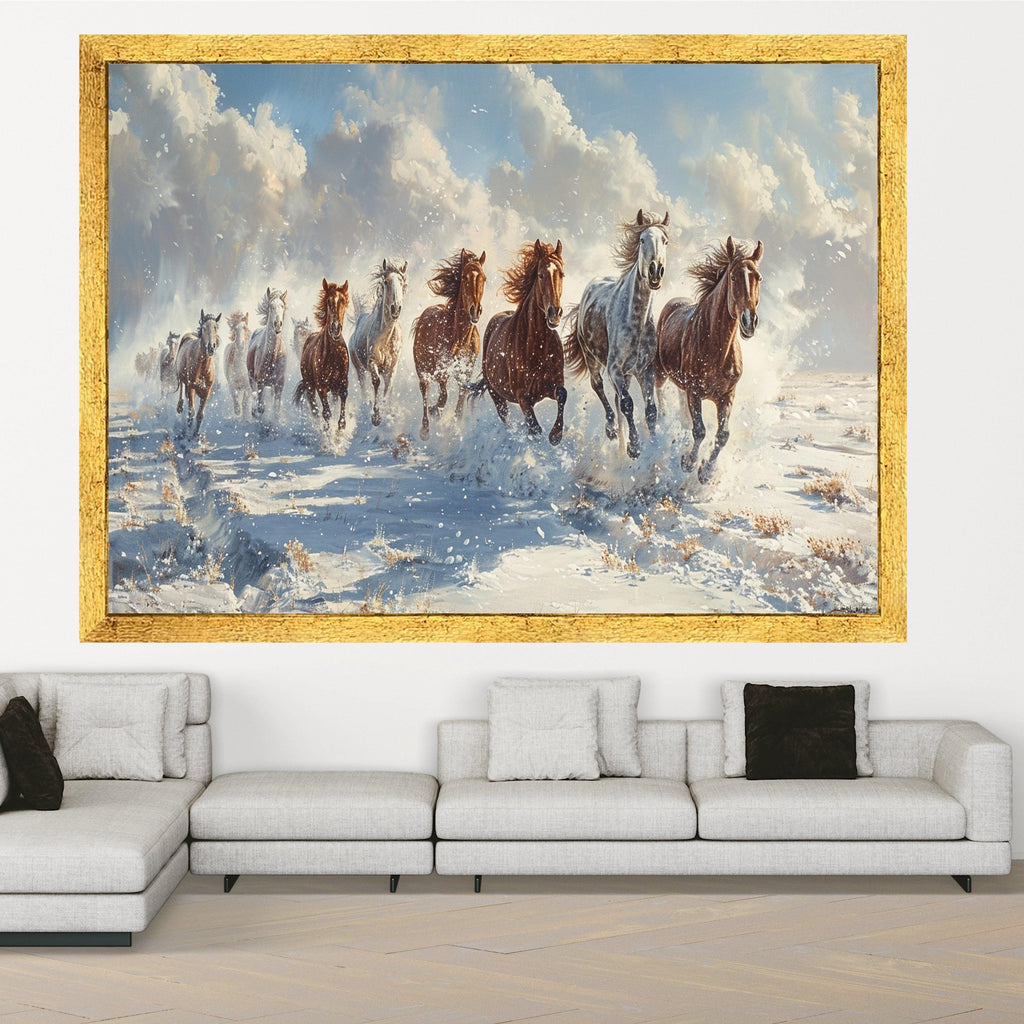 Running Horses Art Canvas Wall Art Print Wild Stallion Herd Snow Landscape Equestrian Decor Rustic Ranch Artwork Gift