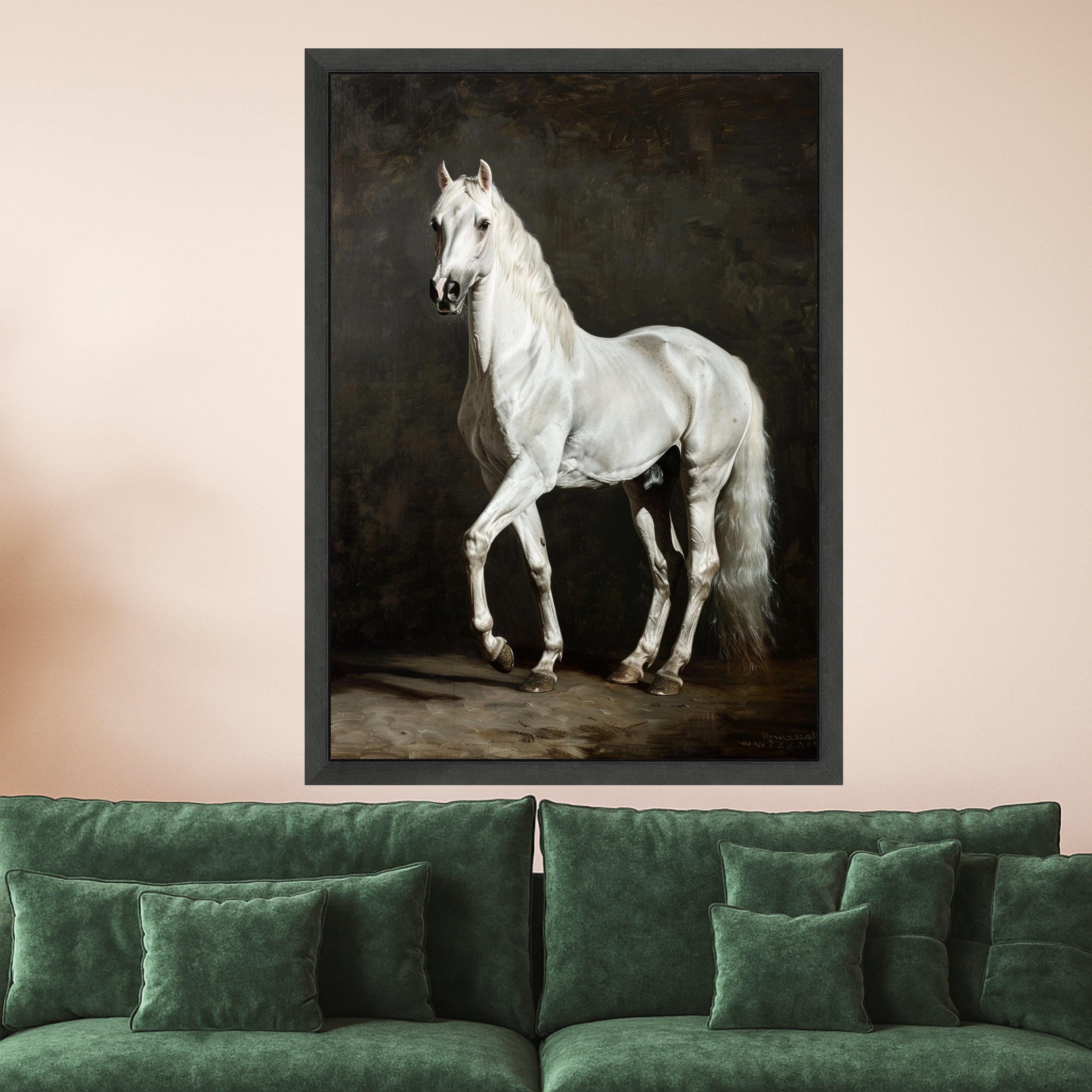 Majestic White Horse Canvas Art, Elegant Equine Wall Decor, Realistic Animal Portrait, Classic Horse Painting on Canvas, Home Living Room