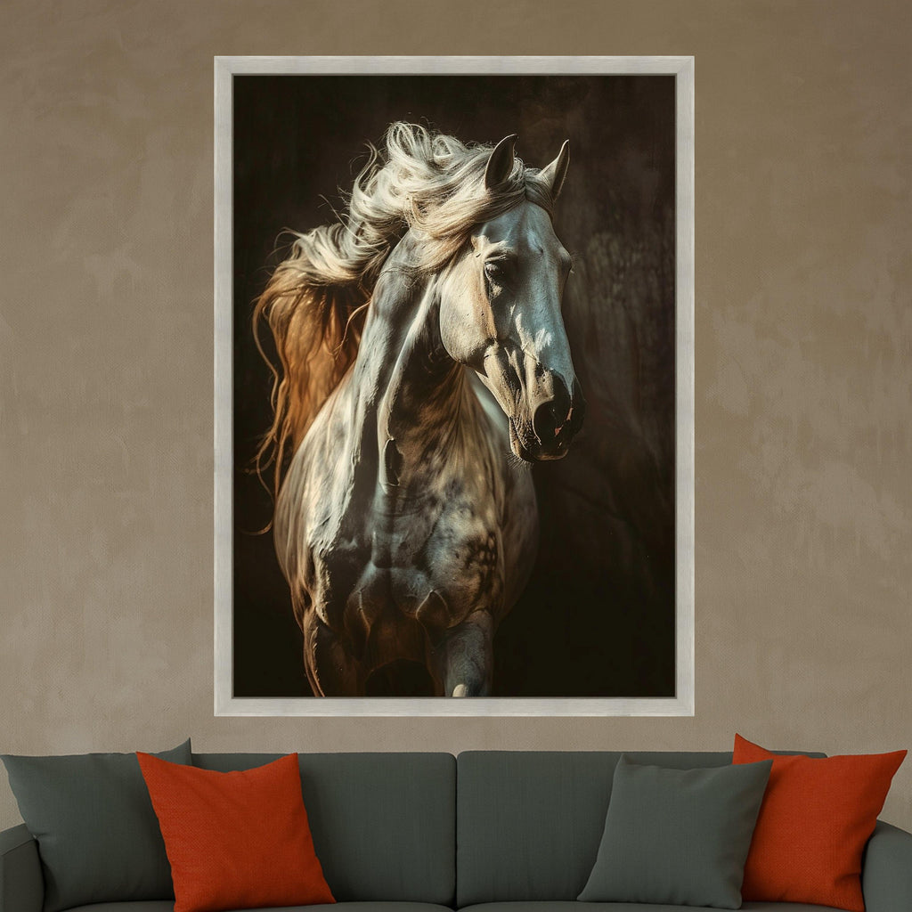 Majestic White Horse Canvas, Running Horse Wall Art, Equestrian Home Decor, Animal Portrait Canvas, Dynamic Movement Artwork