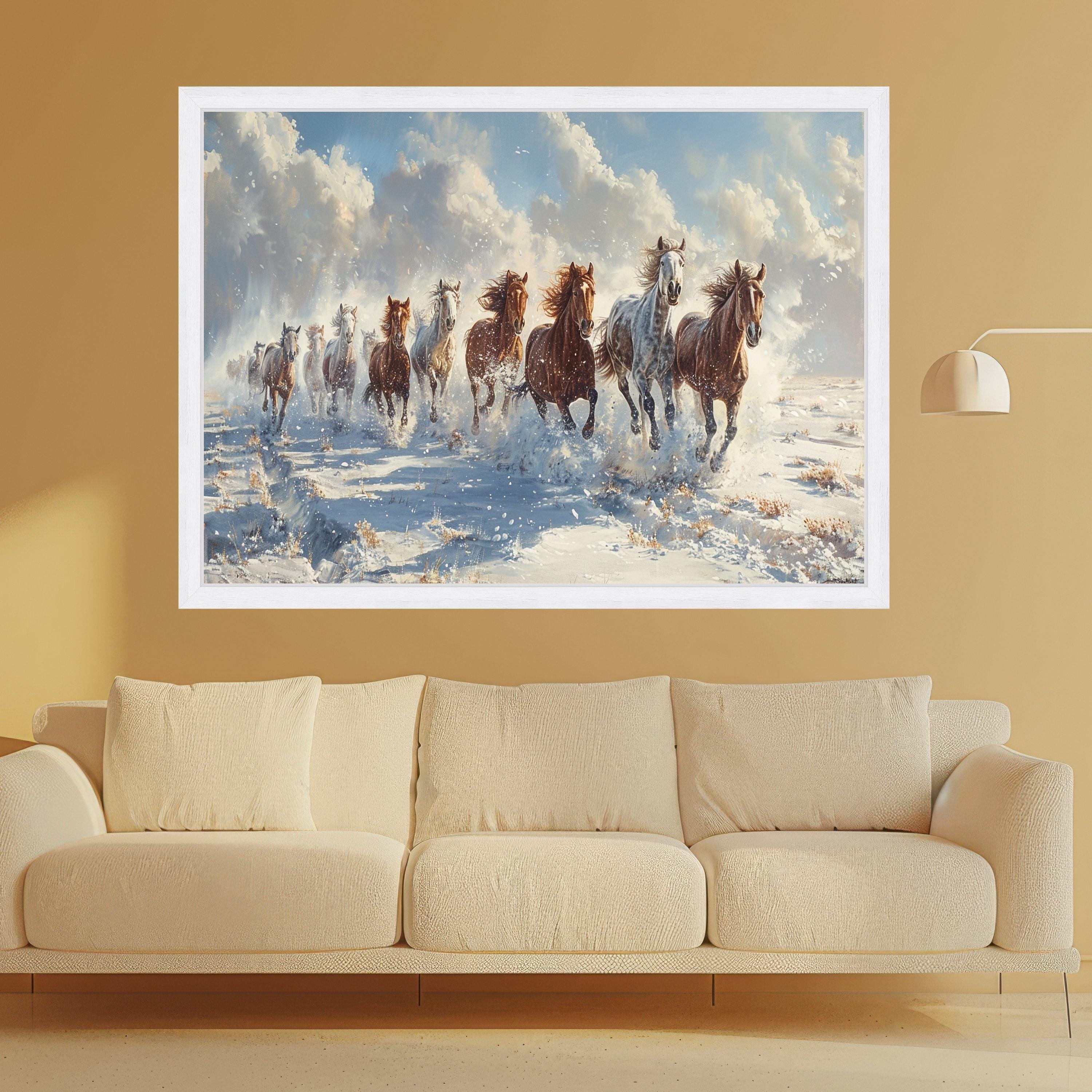 Running Horses Art Canvas Wall Art Print Wild Stallion Herd Snow Landscape Equestrian Decor Rustic Ranch Artwork Gift