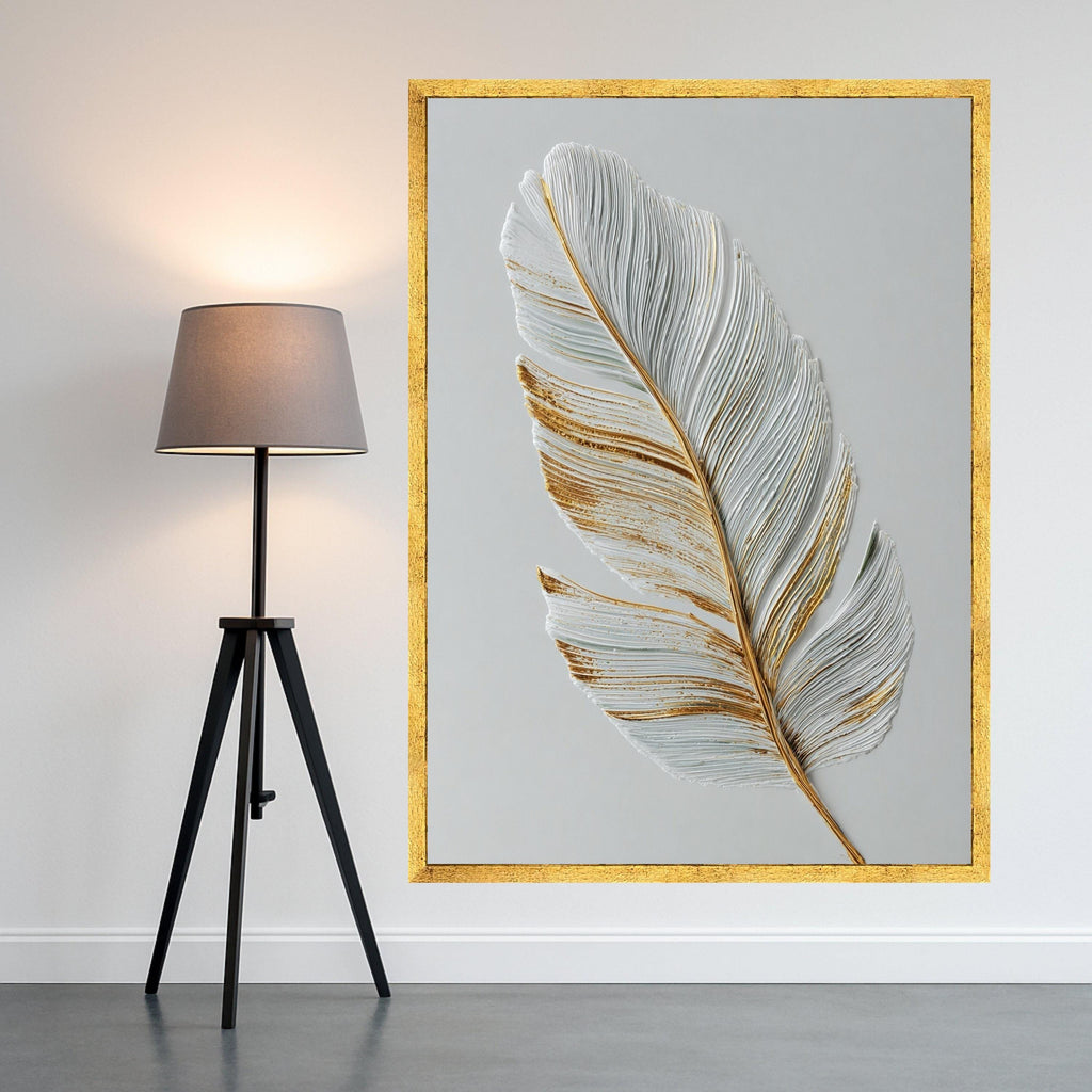 Elegant Feather Canvas Wall Art, Gold Accented White Feather Print, Minimalist Nature Canvas, Modern Home Decoration