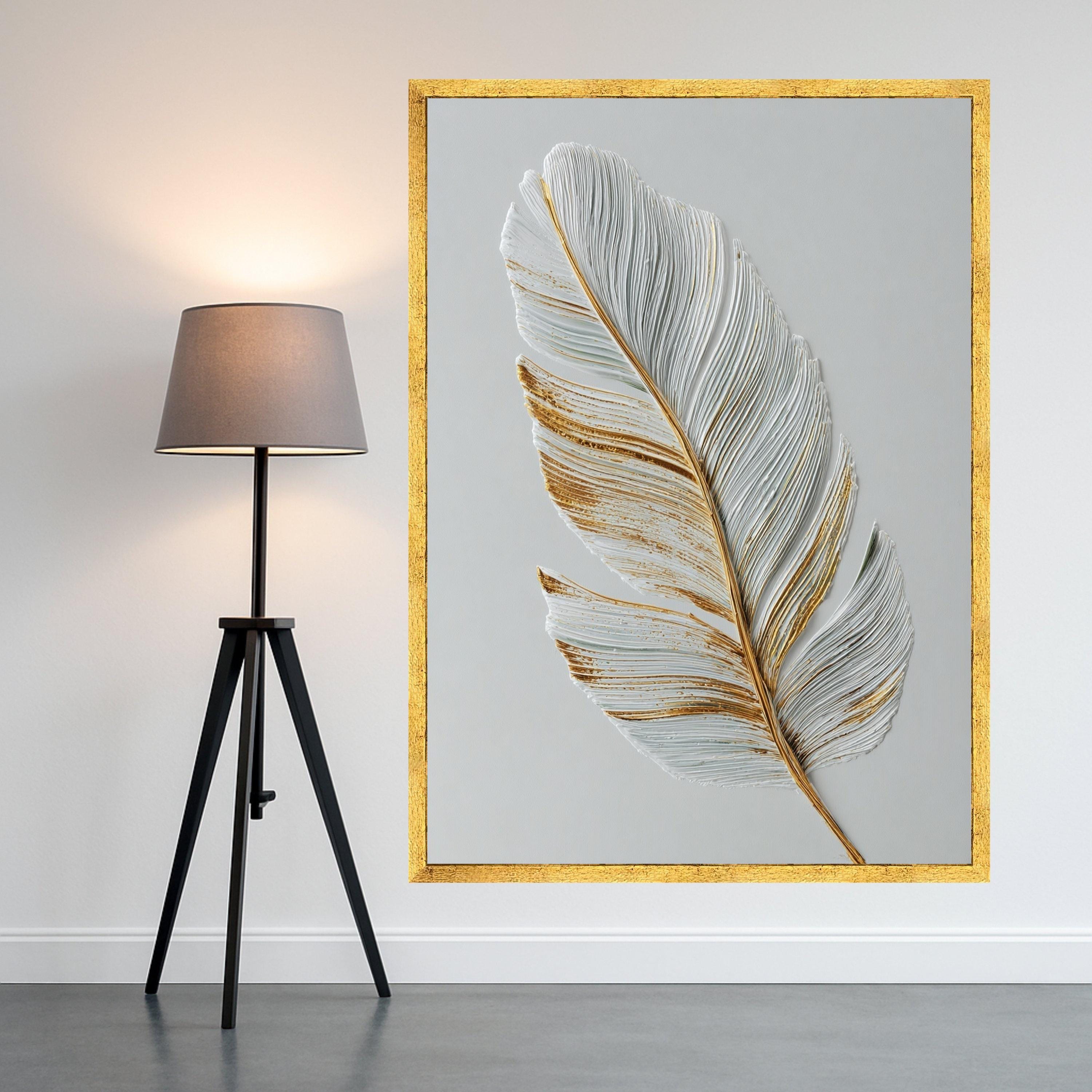 Elegant Feather Canvas Wall Art, Gold Accented White Feather Print, Minimalist Nature Canvas, Modern Home Decoration