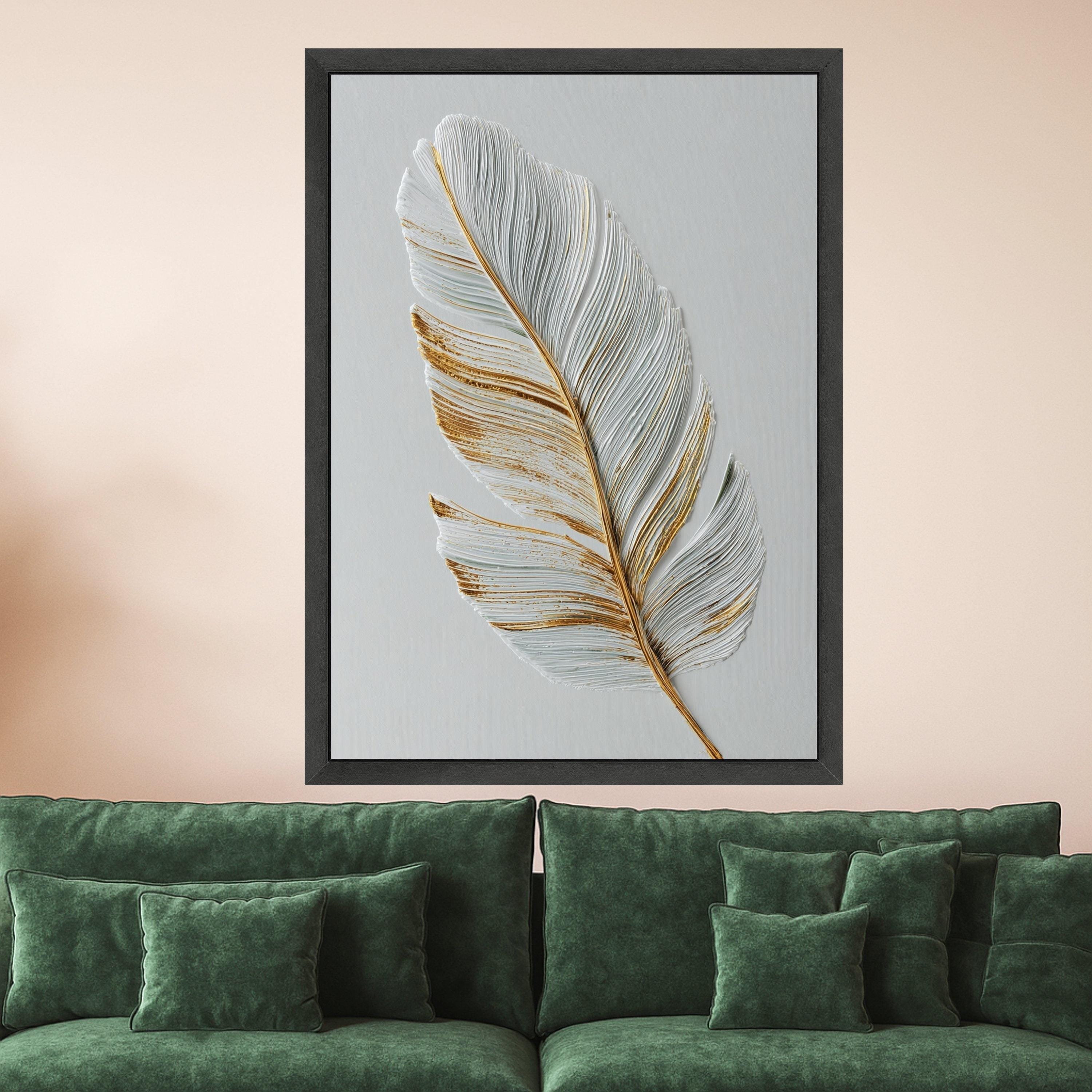 Elegant Feather Canvas Wall Art, Gold Accented White Feather Print, Minimalist Nature Canvas, Modern Home Decoration
