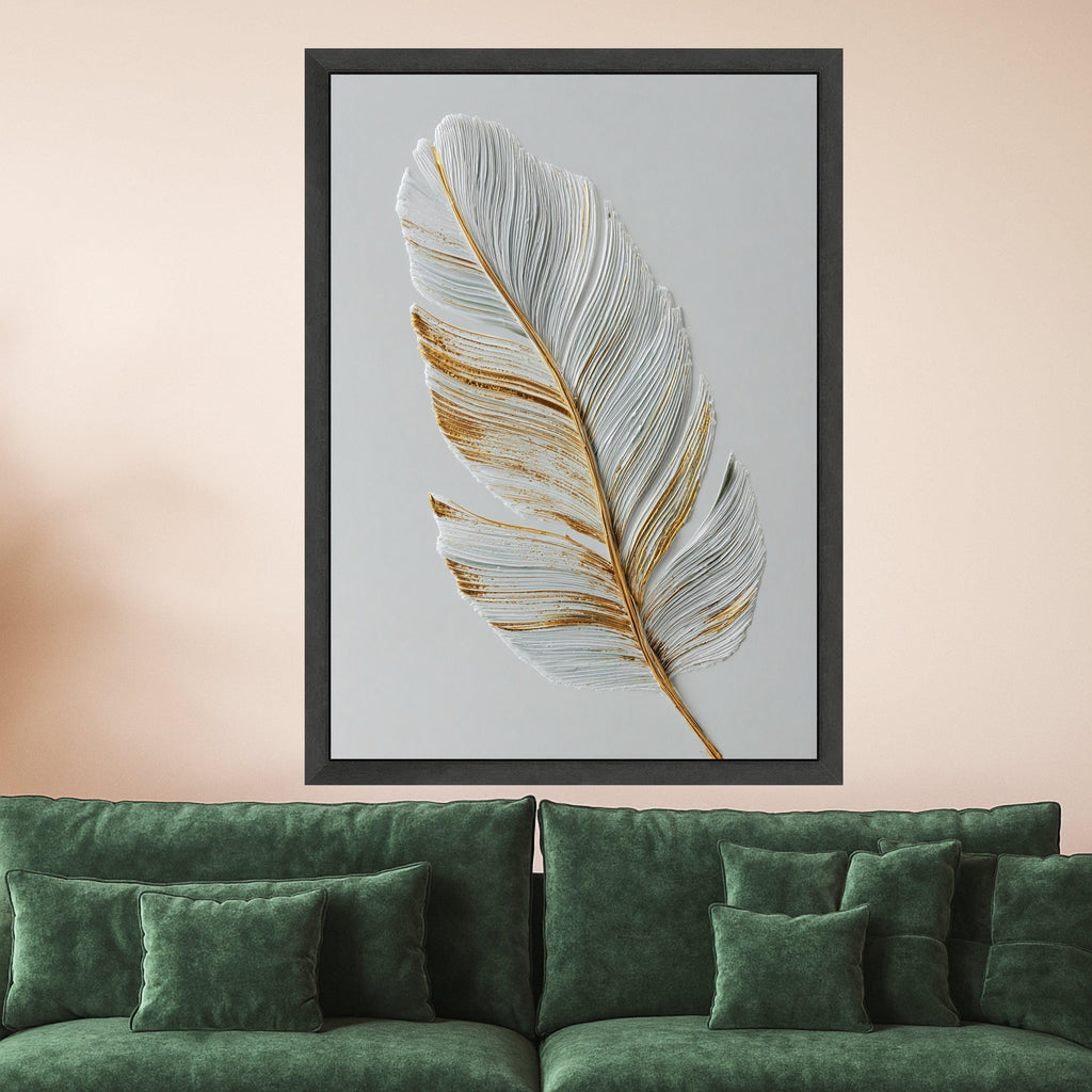 Elegant Feather Canvas Wall Art, Gold Accented White Feather Print, Minimalist Nature Canvas, Modern Home Decoration