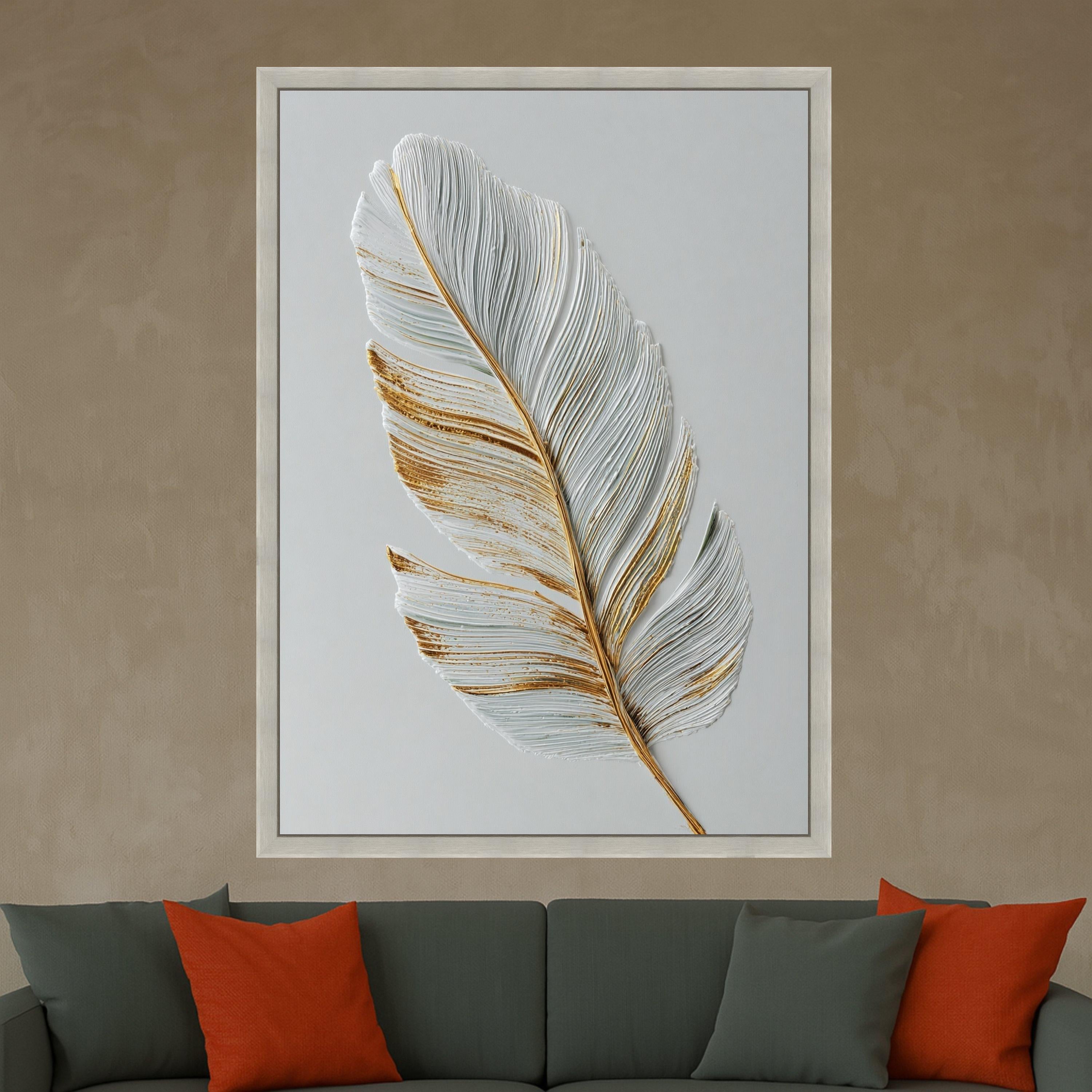Elegant Feather Canvas Wall Art, Gold Accented White Feather Print, Minimalist Nature Canvas, Modern Home Decoration
