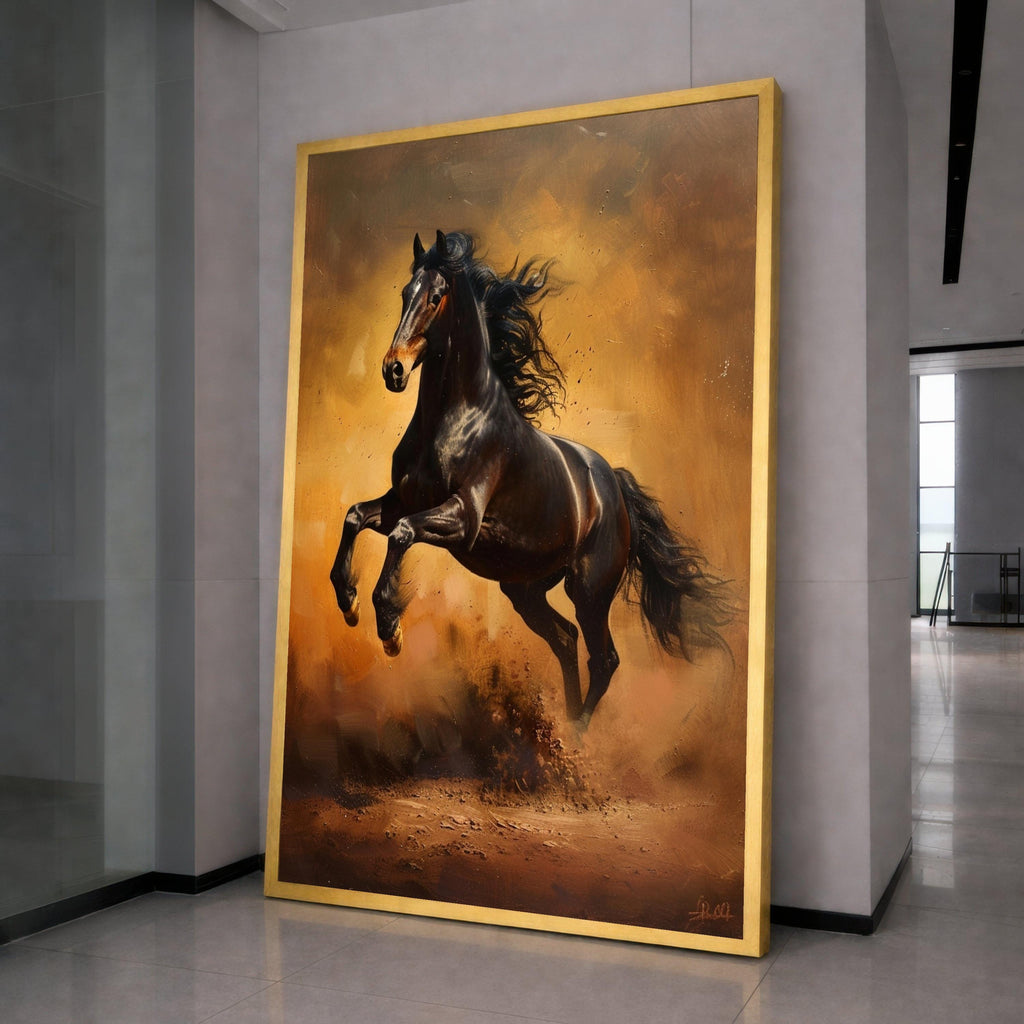 Majestic Black Stallion Canvas, Galloping Horse Wall Art, Wild Animal Decor, Equestrian Canvas Print, Rustic Home Decoration