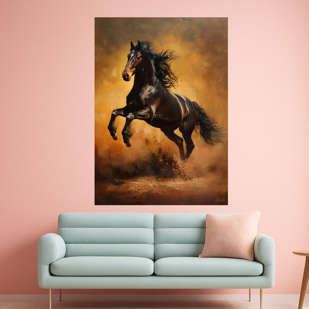 Majestic Black Stallion Canvas, Galloping Horse Wall Art, Wild Animal Decor, Equestrian Canvas Print, Rustic Home Decoration