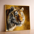 Majestic Tiger Close-Up Canvas, Wildlife Animal Portrait Wall Art, Golden Brown Background, Nature Canvas Decoration, Ready to Hang