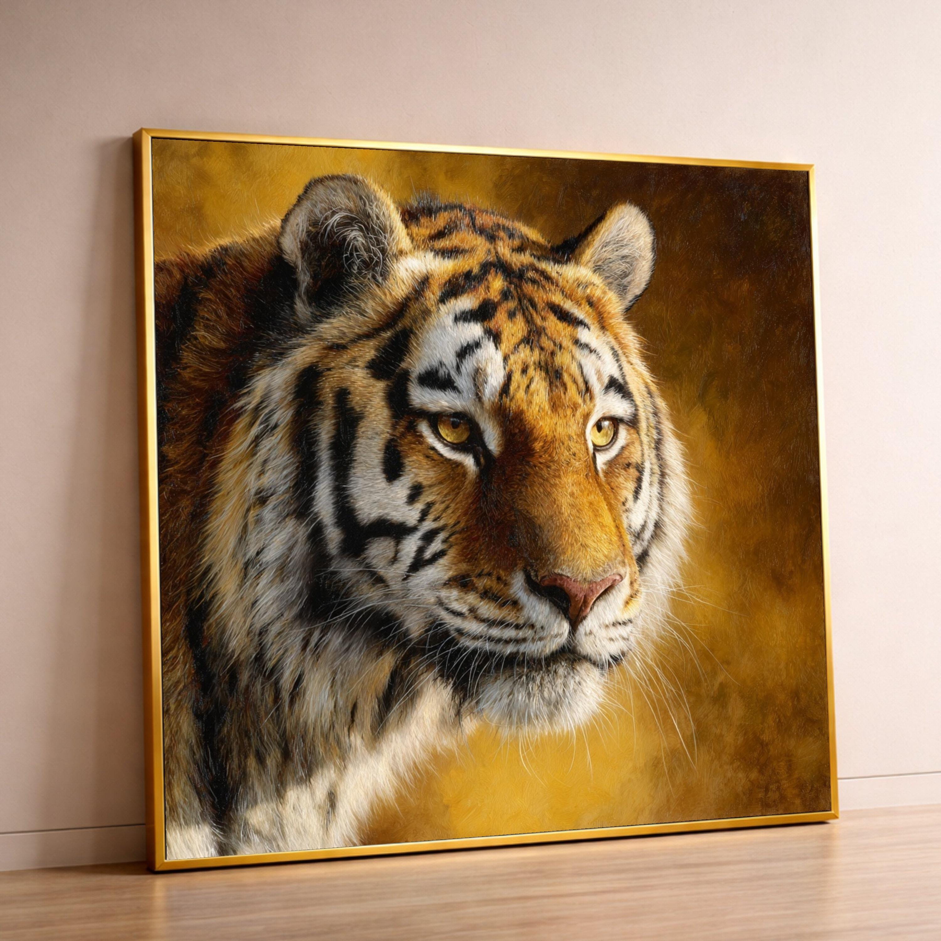 Majestic Tiger Close-Up Canvas, Wildlife Animal Portrait Wall Art, Golden Brown Background, Nature Canvas Decoration, Ready to Hang