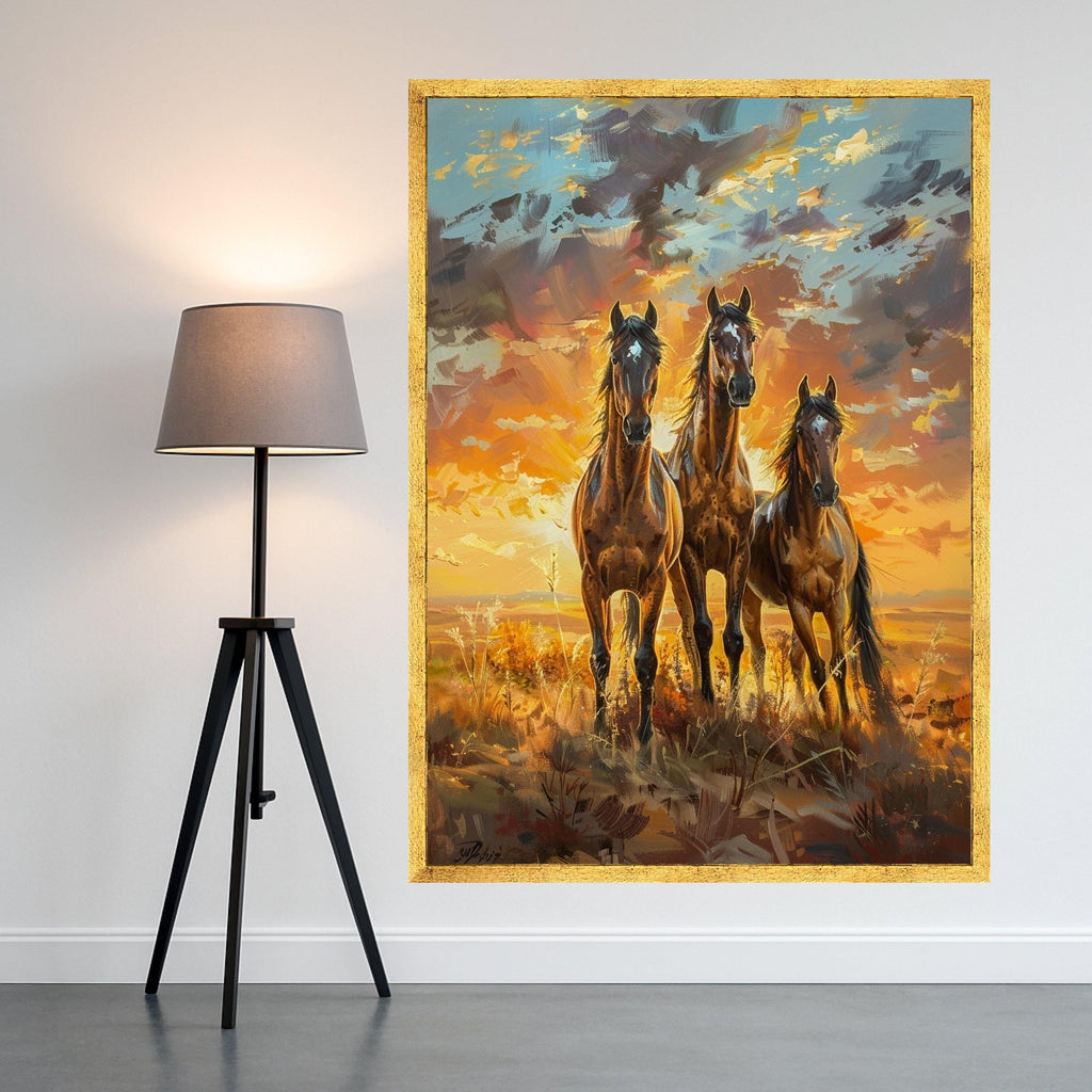 Majestic Running Horses Canvas Wall Art, Sunset Landscape Painting, Wild Stallions Home Decor, Nature Animal Canvas, Ready to Hang Canvas