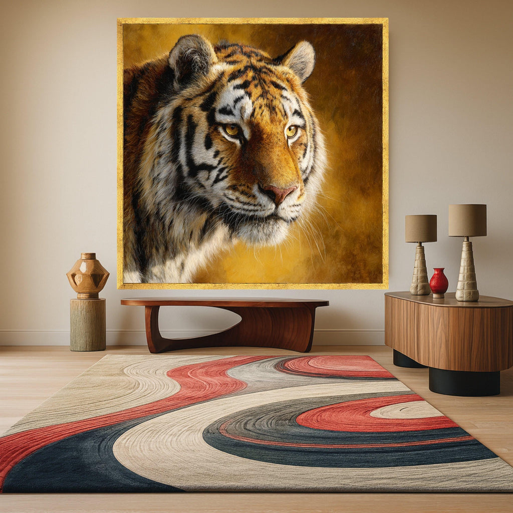 Majestic Tiger Close-Up Canvas, Wildlife Animal Portrait Wall Art, Golden Brown Background, Nature Canvas Decoration, Ready to Hang