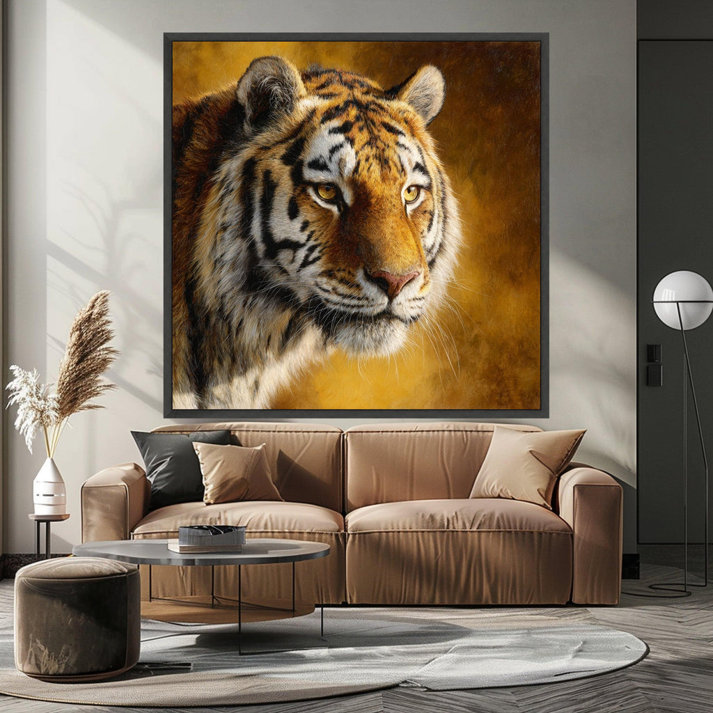 Majestic Tiger Close-Up Canvas, Wildlife Animal Portrait Wall Art, Golden Brown Background, Nature Canvas Decoration, Ready to Hang