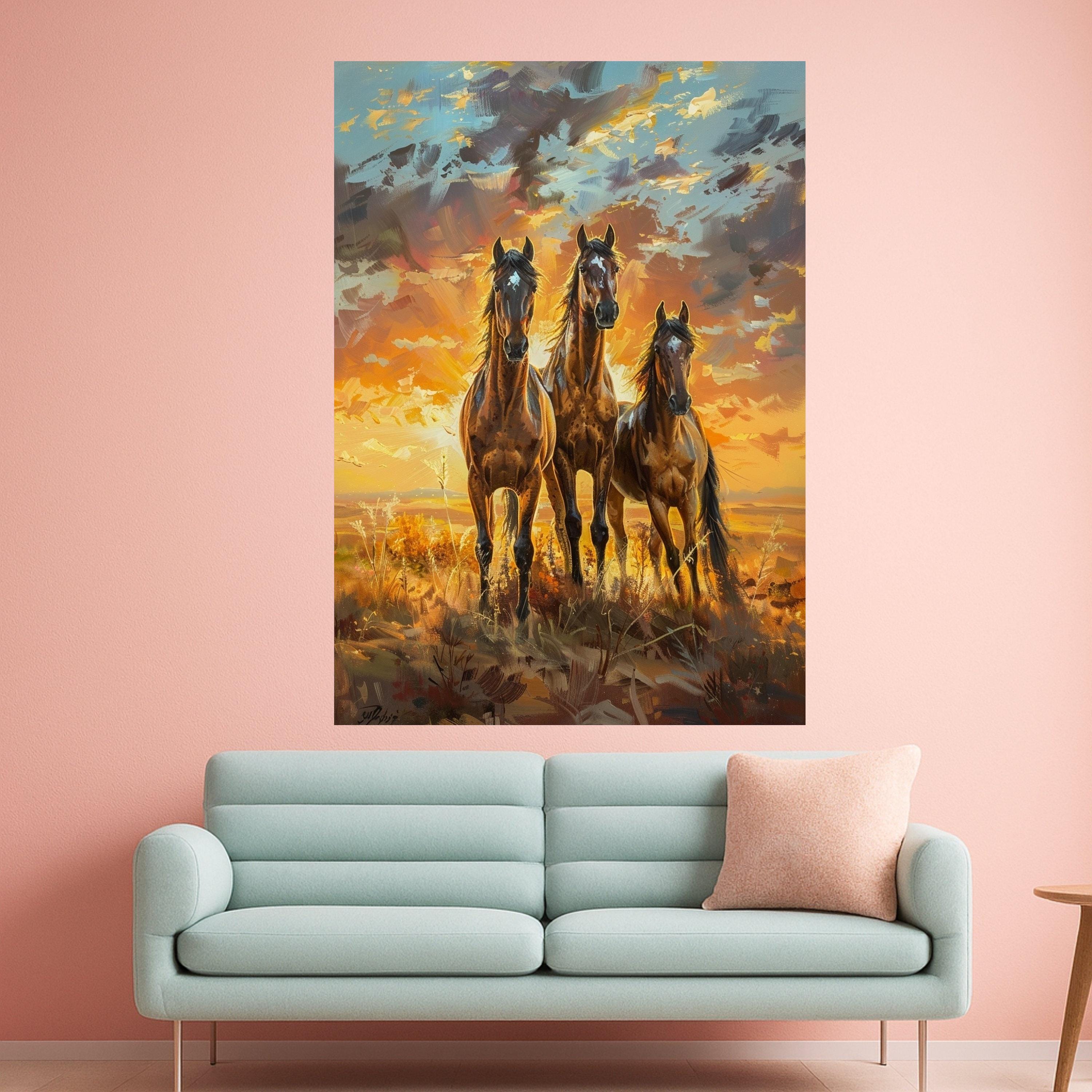 Majestic Running Horses Canvas Wall Art, Sunset Landscape Painting, Wild Stallions Home Decor, Nature Animal Canvas, Ready to Hang Canvas