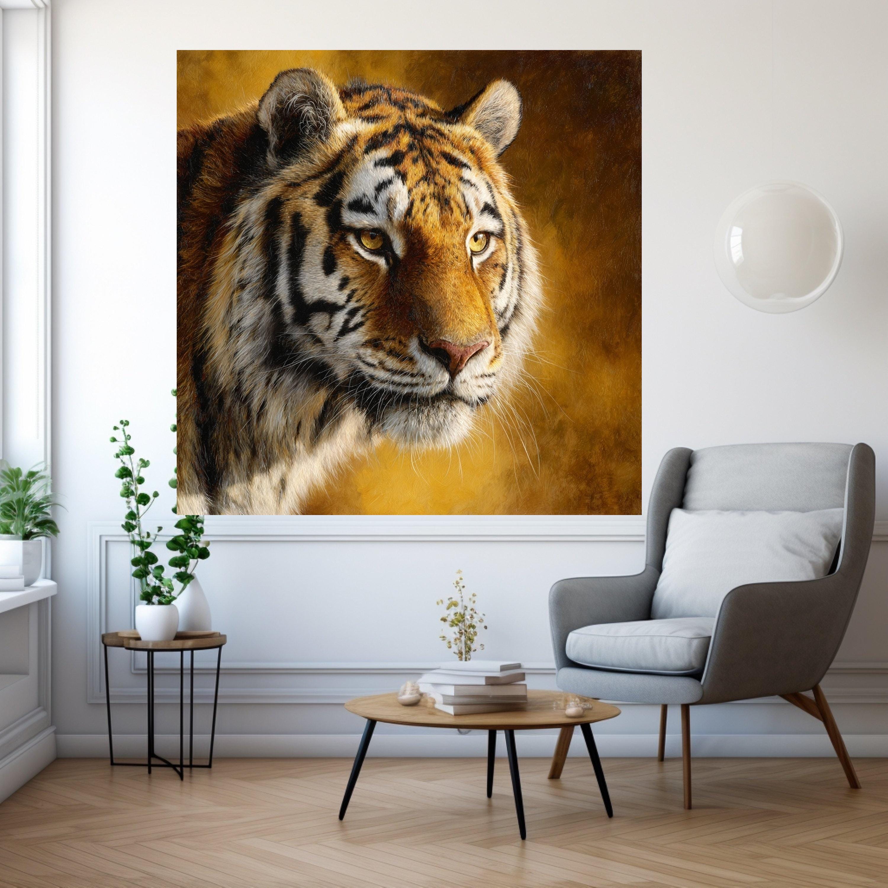 Majestic Tiger Close-Up Canvas, Wildlife Animal Portrait Wall Art, Golden Brown Background, Nature Canvas Decoration, Ready to Hang