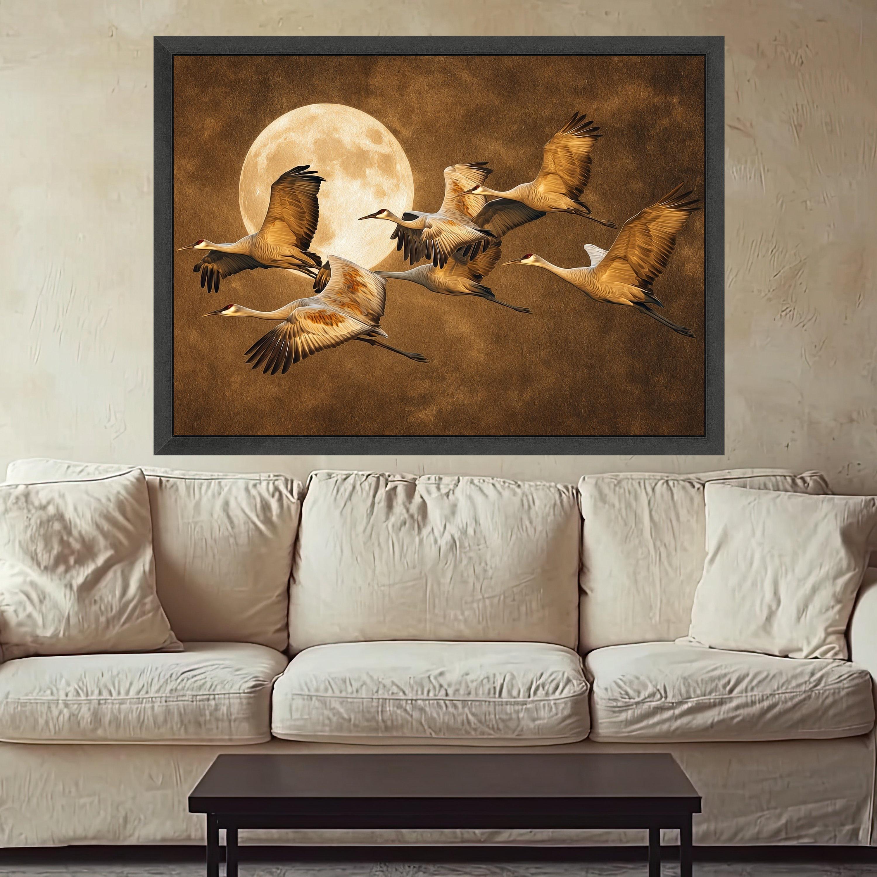 Moonlit Crane Flight Art, Bird Canvas, Wildlife Wall Art, Full Moon Print, Nature Canvas Art, Elegant Wall Decor Print
