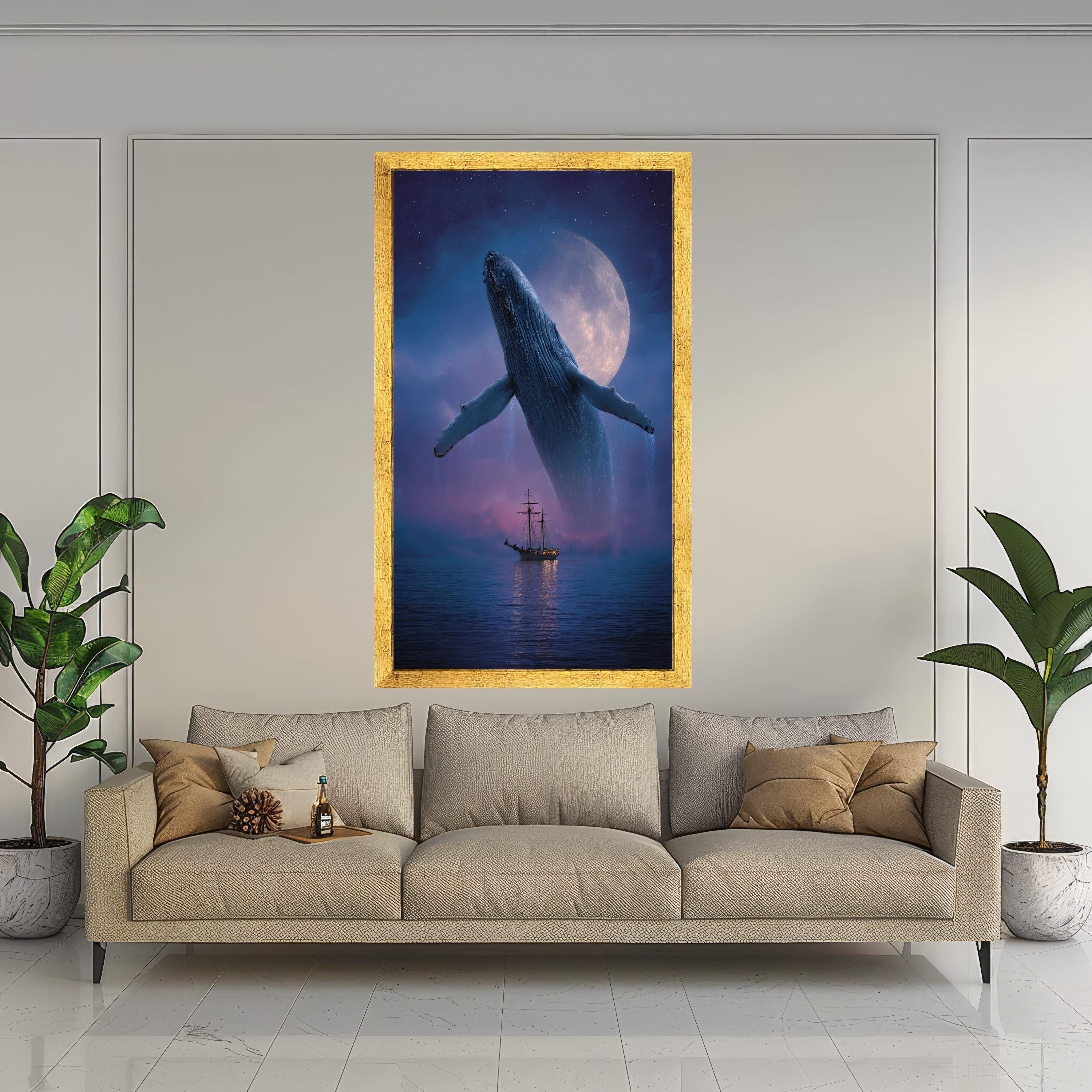 Majestic Whale Breaching at Moonlight, Ocean Canvas Wall Art, Night Sea Landscape, Nautical Home Decor, Large Animal Canvas Art