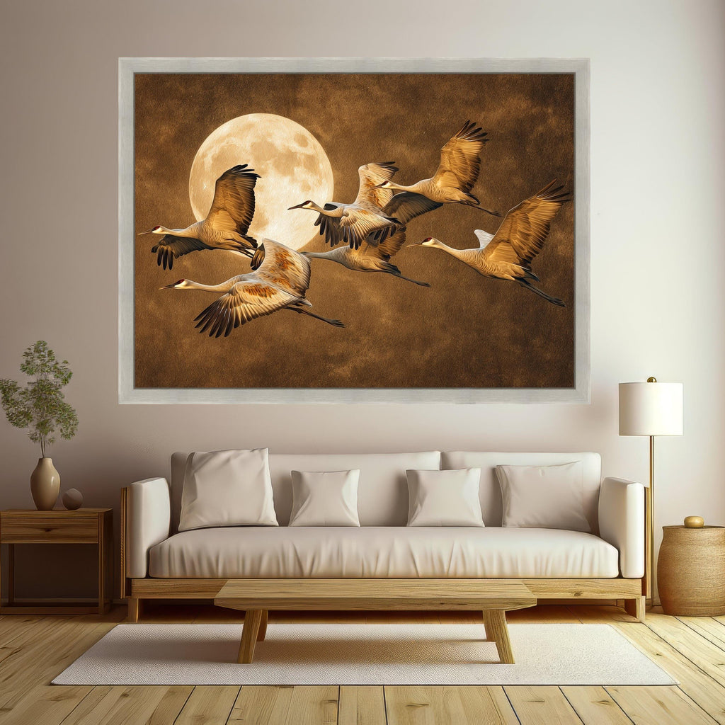 Moonlit Crane Flight Art, Bird Canvas, Wildlife Wall Art, Full Moon Print, Nature Canvas Art, Elegant Wall Decor Print