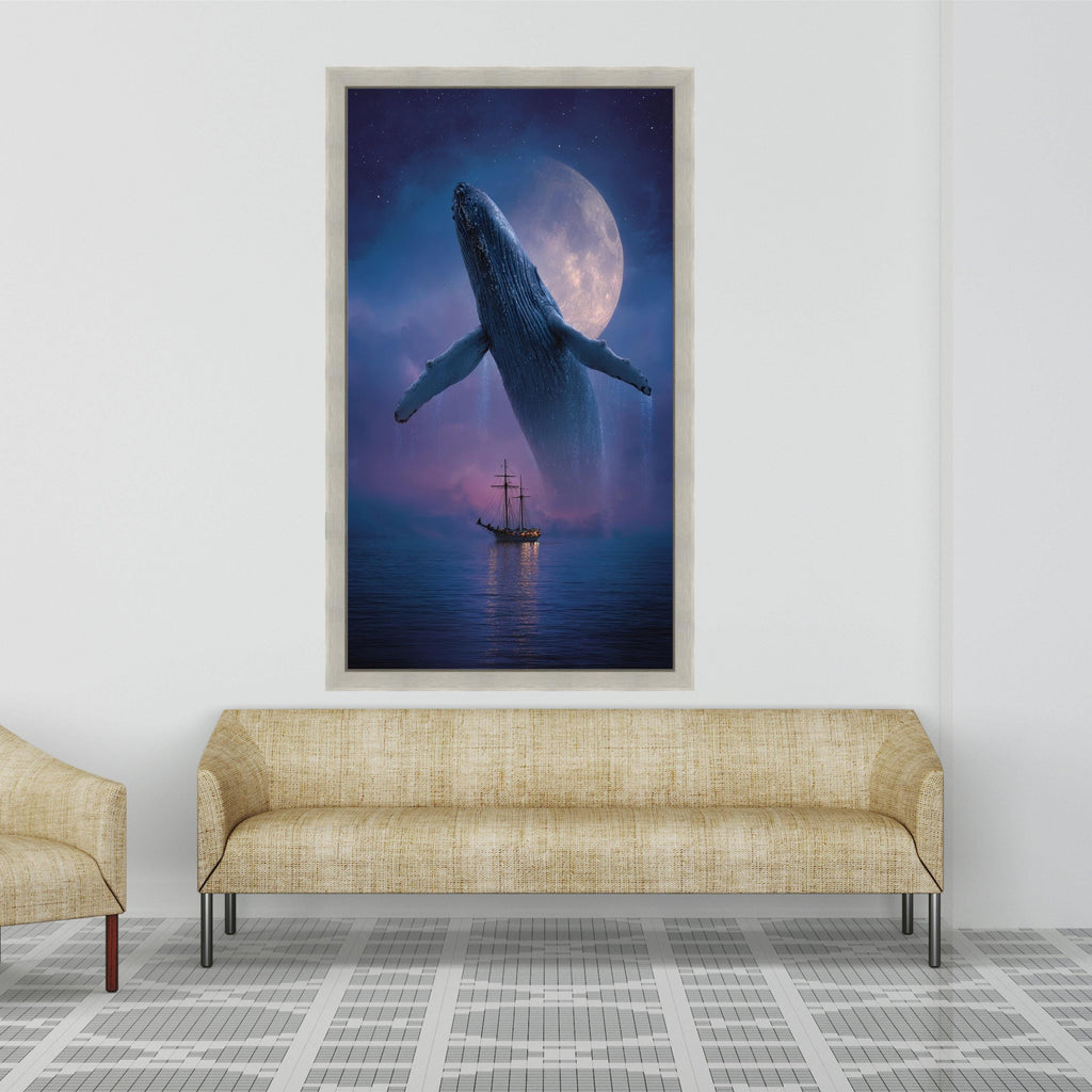 Majestic Whale Breaching at Moonlight, Ocean Canvas Wall Art, Night Sea Landscape, Nautical Home Decor, Large Animal Canvas Art