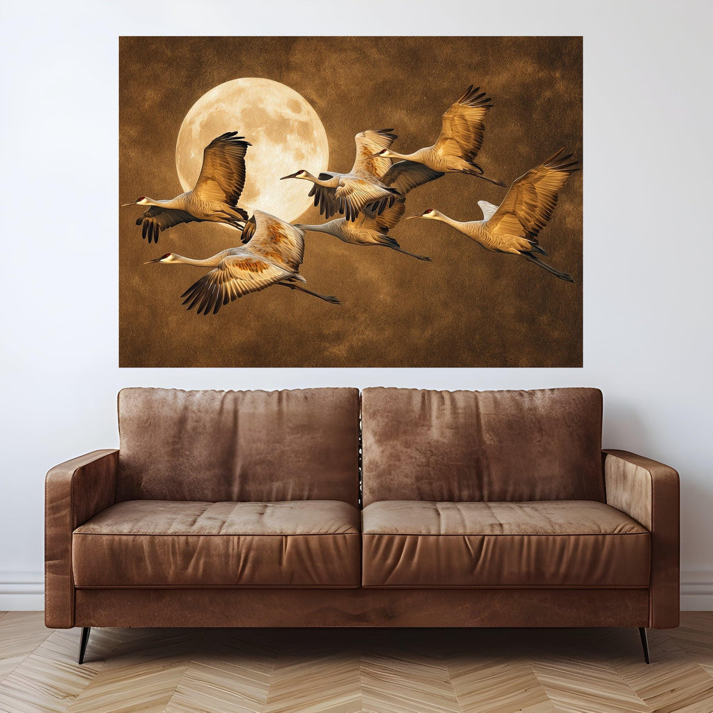 Moonlit Crane Flight Art, Bird Canvas, Wildlife Wall Art, Full Moon Print, Nature Canvas Art, Elegant Wall Decor Print