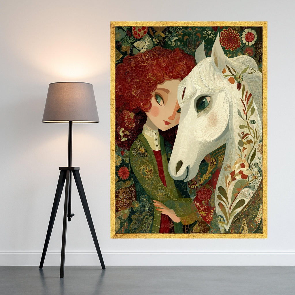 Girl with White Horse Canvas Wall Art, Whimsical Floral Portrait, Nature Inspired Home Decor, Animal and Figure Painting, Ready to Hang
