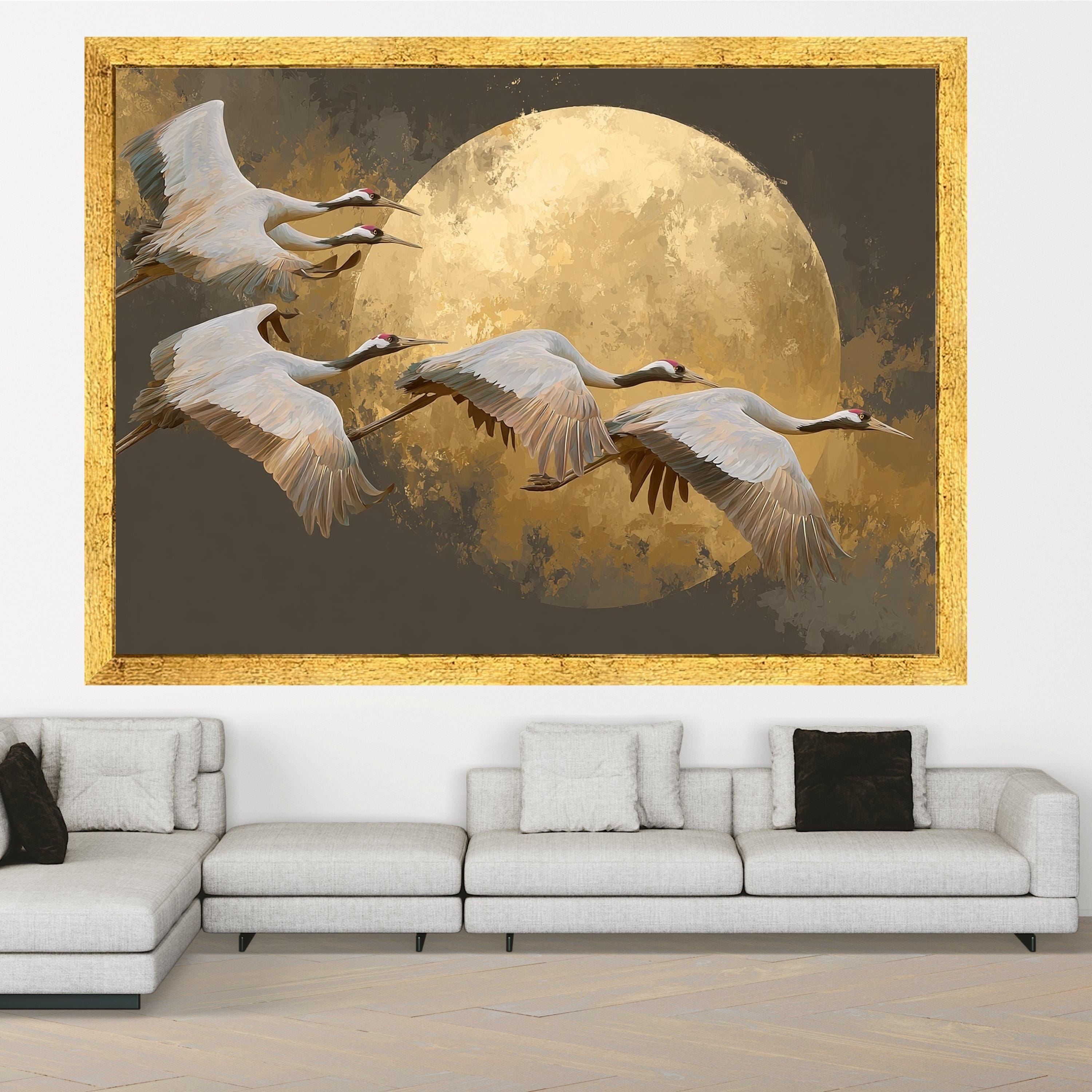 Elegant Cranes Flying Canvas Wall Art, Golden Moon Background, Nature Bird Scene, Modern Home Decoration, Wildlife Art Print