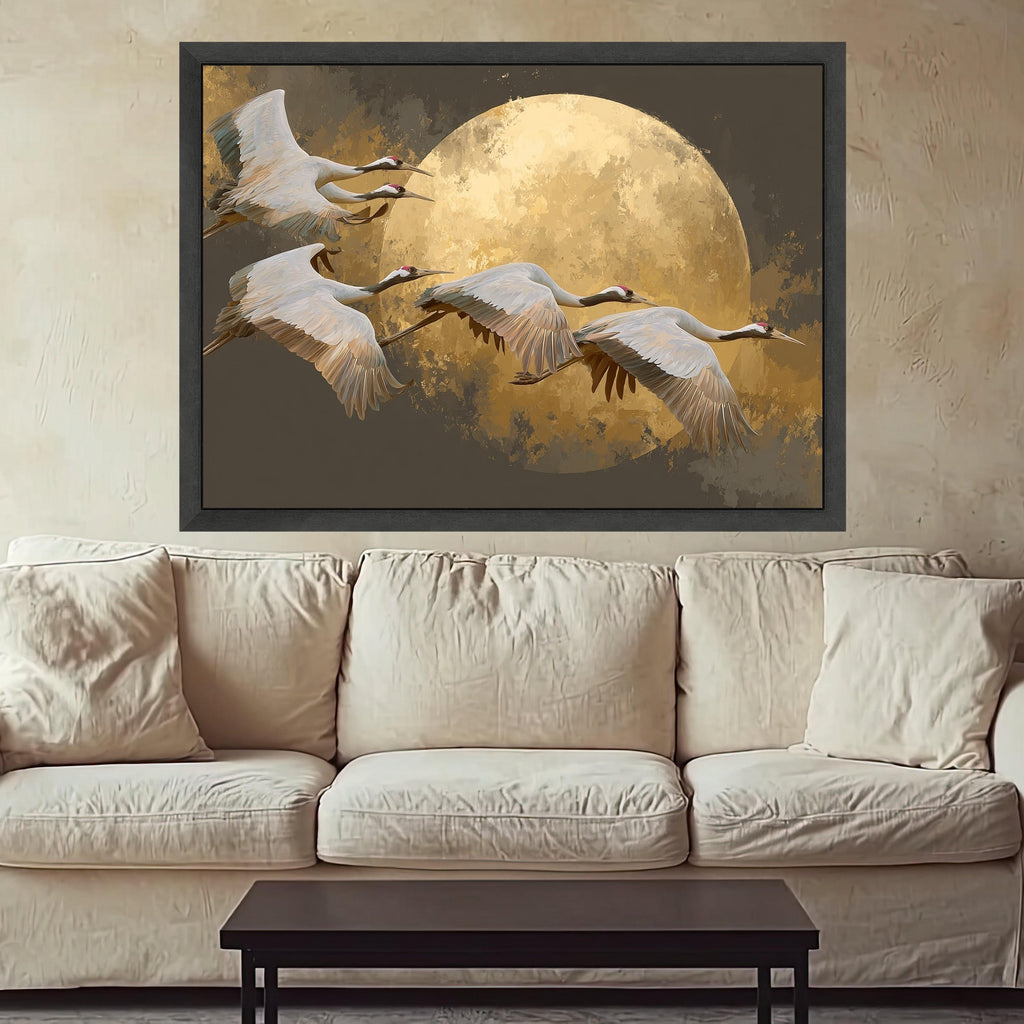 Elegant Cranes Flying Canvas Wall Art, Golden Moon Background, Nature Bird Scene, Modern Home Decoration, Wildlife Art Print
