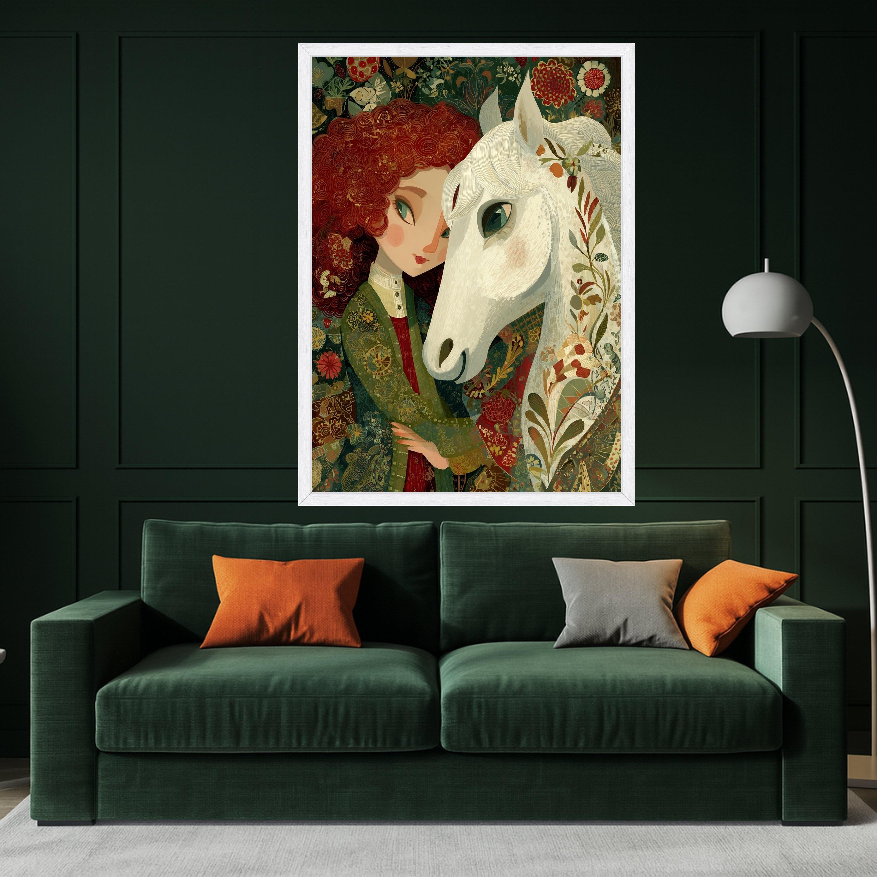 Girl with White Horse Canvas Wall Art, Whimsical Floral Portrait, Nature Inspired Home Decor, Animal and Figure Painting, Ready to Hang