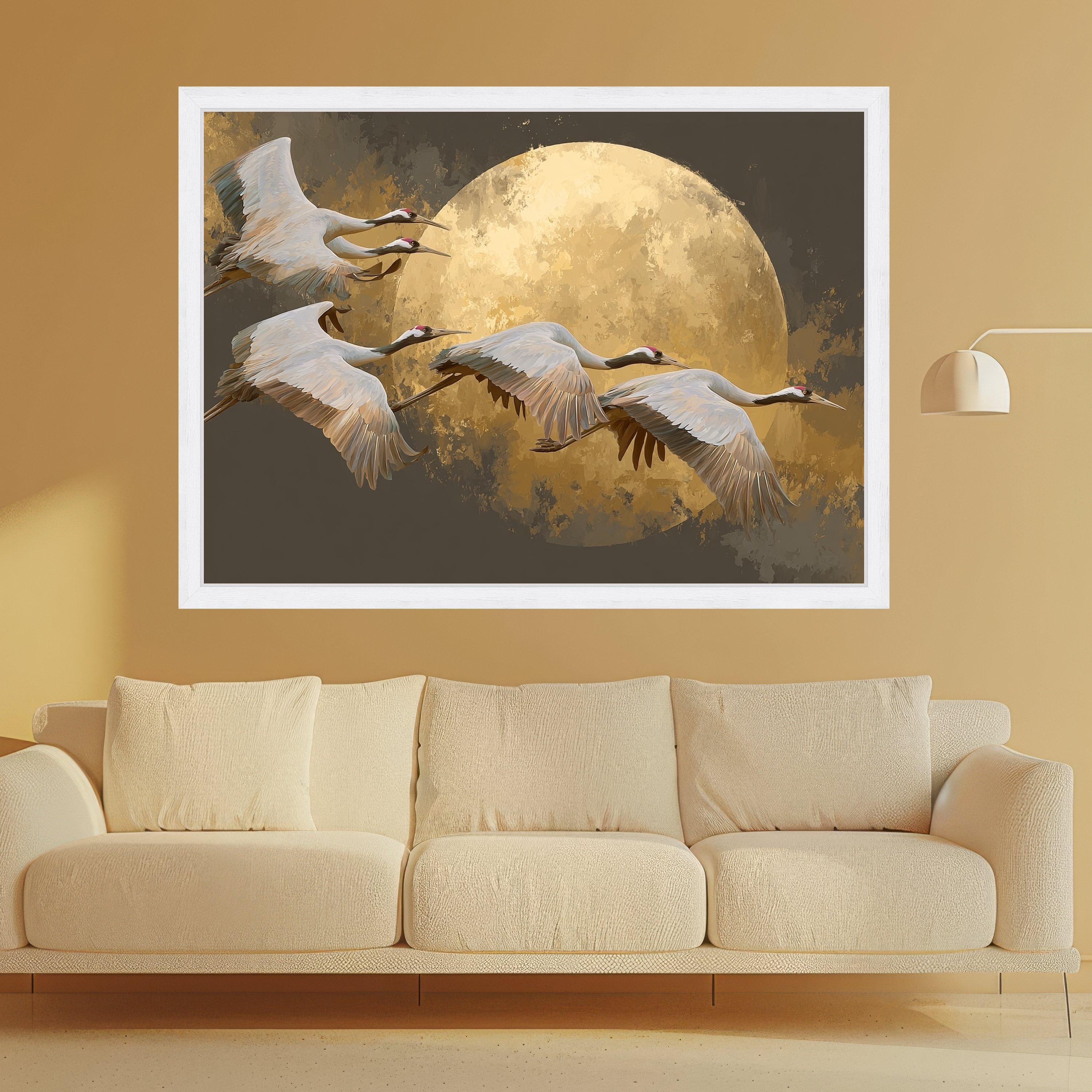 Elegant Cranes Flying Canvas Wall Art, Golden Moon Background, Nature Bird Scene, Modern Home Decoration, Wildlife Art Print