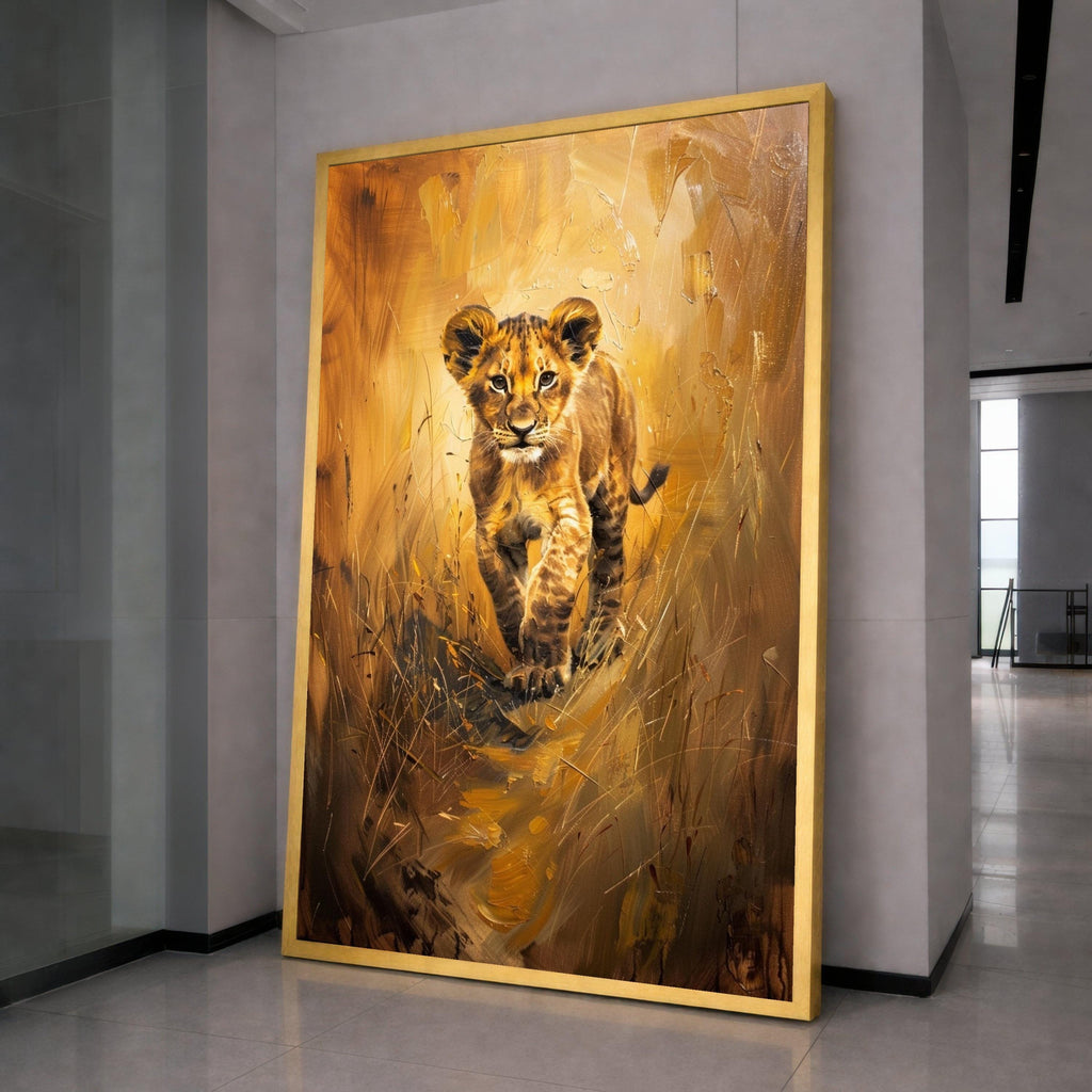 Young Lion Cub Canvas Wall Art, Wildlife Safari Animal Painting, Nature Scene Canvas, African Wildlife Decor, Ready to Hang Wall Decoration