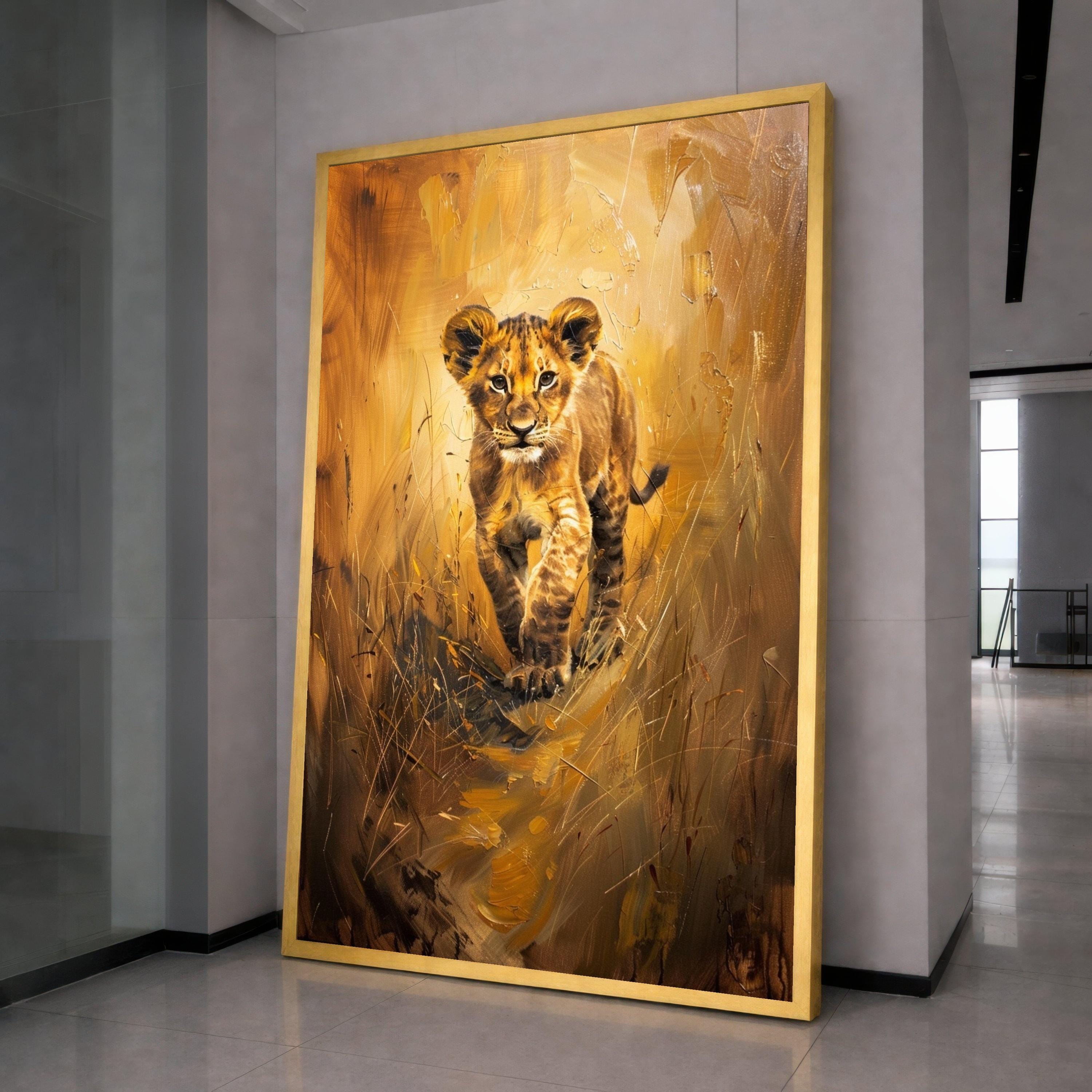 Young Lion Cub Canvas Wall Art, Wildlife Safari Animal Painting, Nature Scene Canvas, African Wildlife Decor, Ready to Hang Wall Decoration