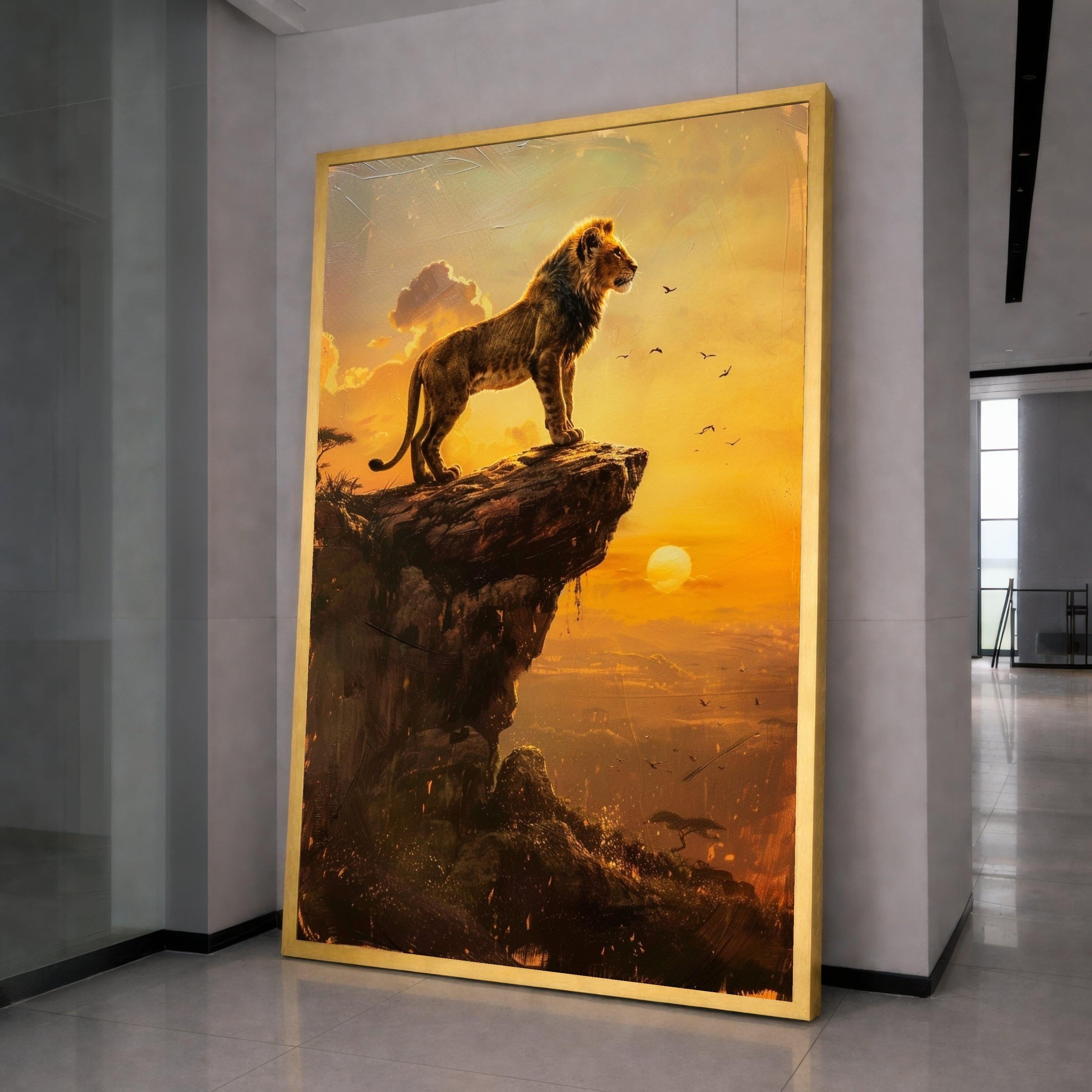 Majestic Lion Cub on Cliff Canvas, Sunset Savanna Wall Art, Wildlife Animal Portrait, Nature Landscape Canvas, Safari Home Decor