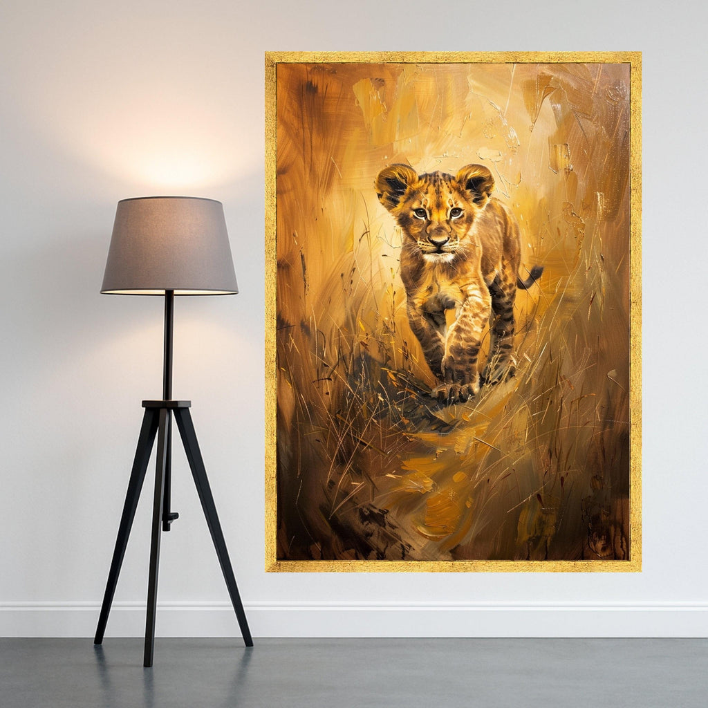 Young Lion Cub Canvas Wall Art, Wildlife Safari Animal Painting, Nature Scene Canvas, African Wildlife Decor, Ready to Hang Wall Decoration
