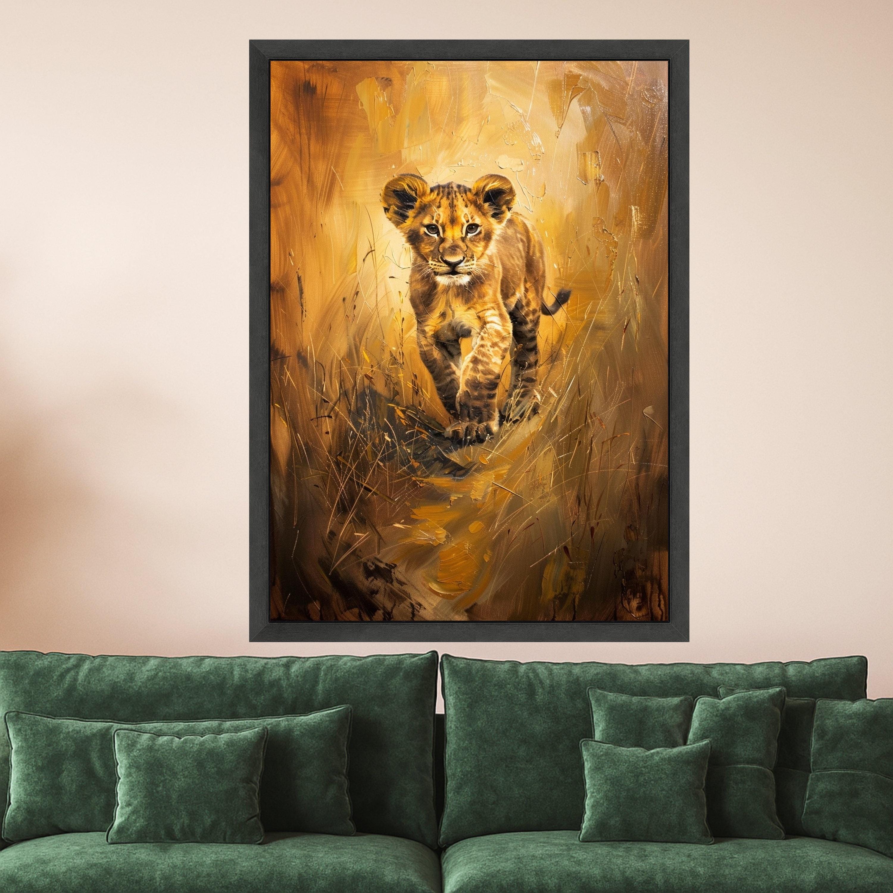 Young Lion Cub Canvas Wall Art, Wildlife Safari Animal Painting, Nature Scene Canvas, African Wildlife Decor, Ready to Hang Wall Decoration