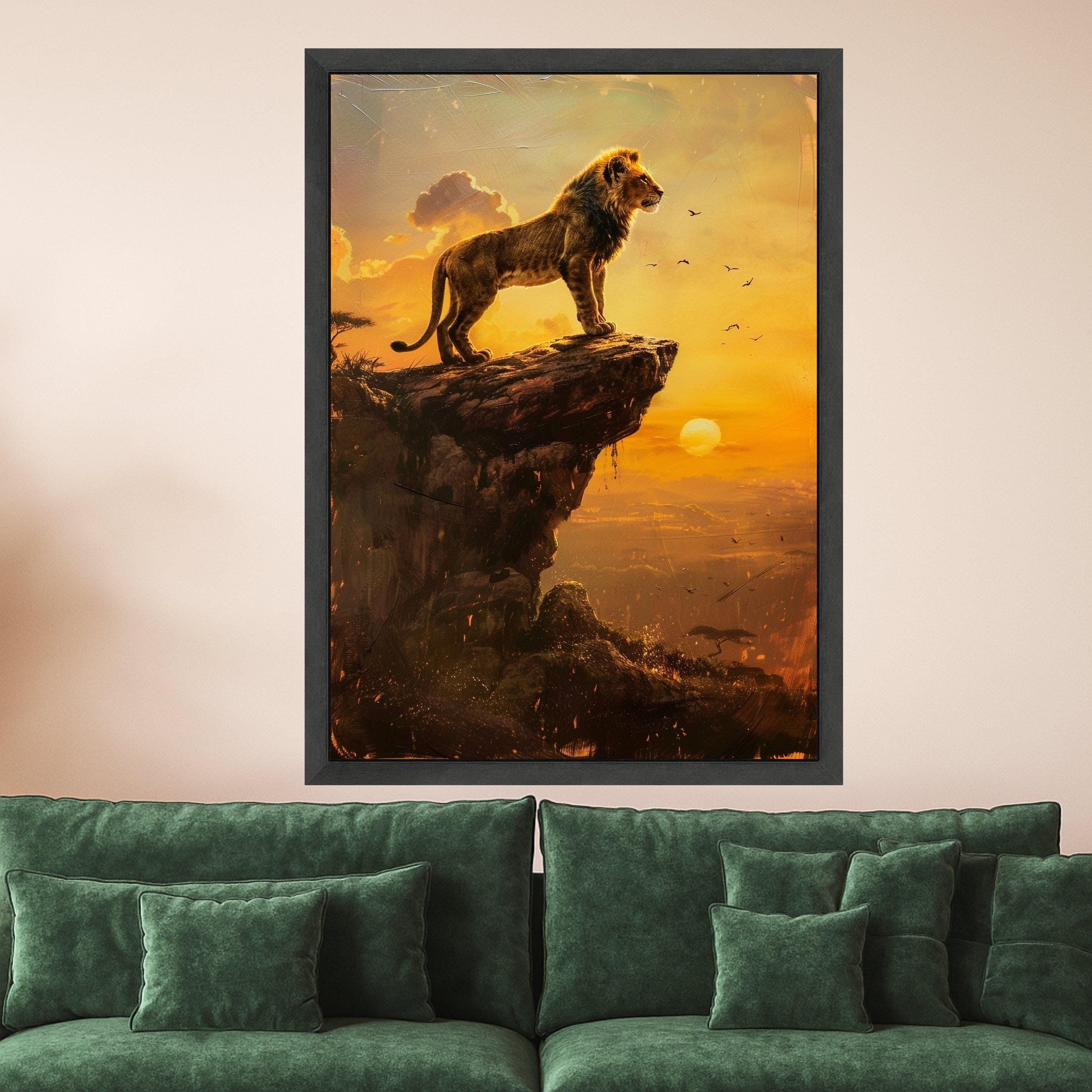 Majestic Lion Cub on Cliff Canvas, Sunset Savanna Wall Art, Wildlife Animal Portrait, Nature Landscape Canvas, Safari Home Decor