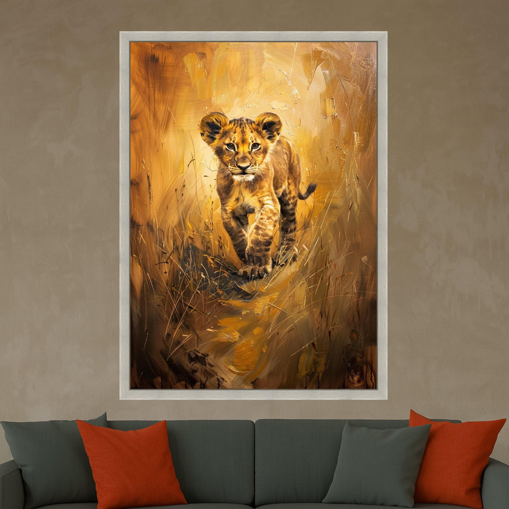 Young Lion Cub Canvas Wall Art, Wildlife Safari Animal Painting, Nature Scene Canvas, African Wildlife Decor, Ready to Hang Wall Decoration