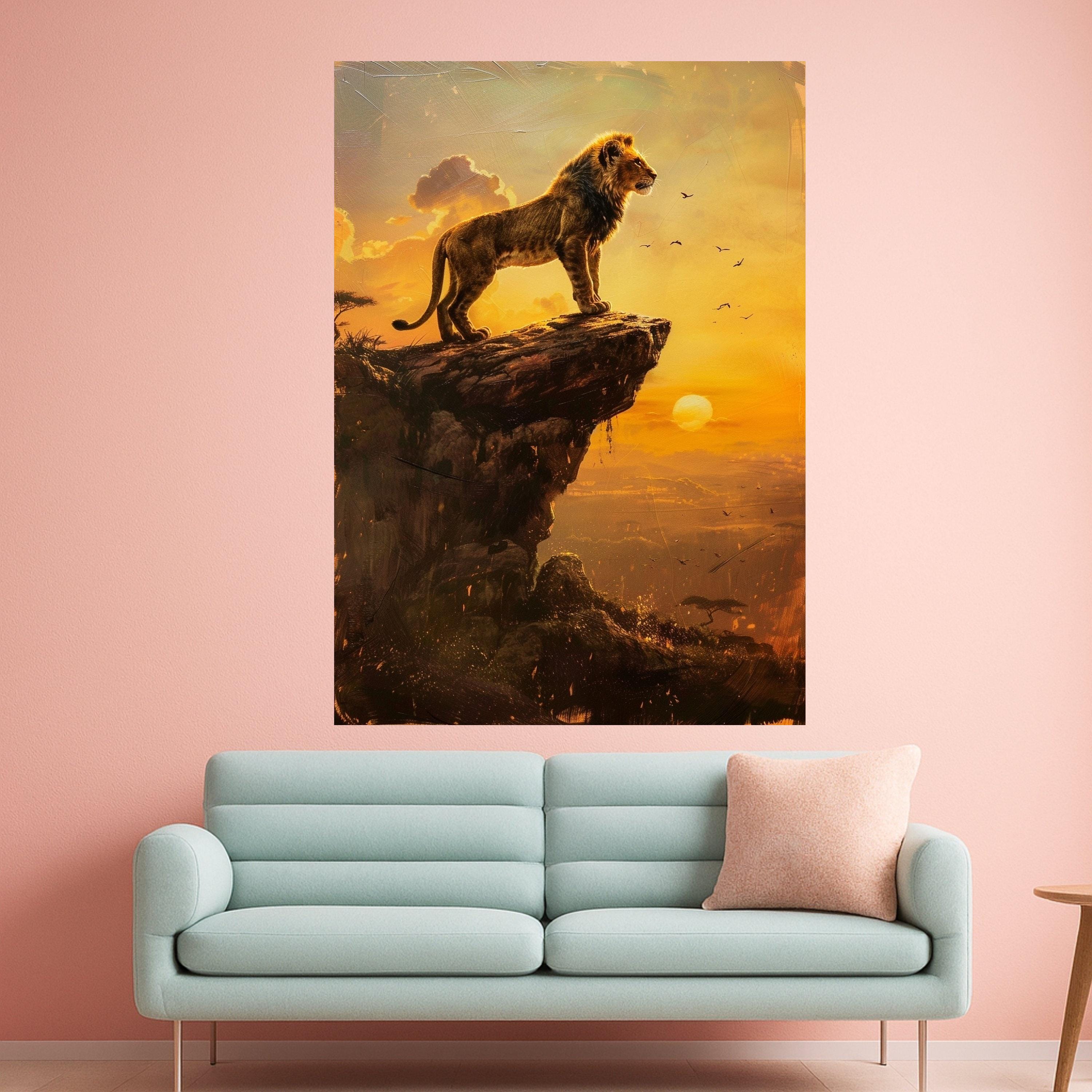 Majestic Lion Cub on Cliff Canvas, Sunset Savanna Wall Art, Wildlife Animal Portrait, Nature Landscape Canvas, Safari Home Decor