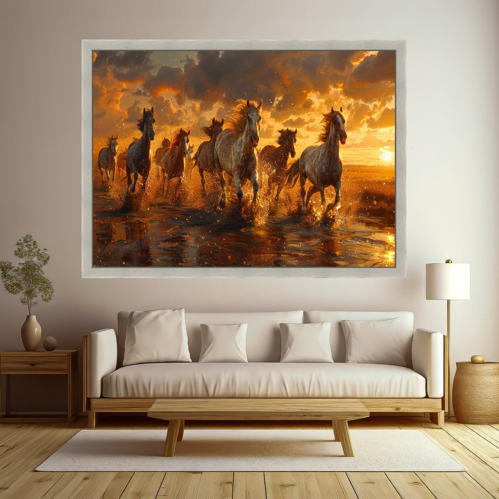 Wild Horses Running at Sunset Canvas Wall Art, Nature Landscape, Majestic Animal Print, Rustic Home Decoration, Ready to Hang Artwork