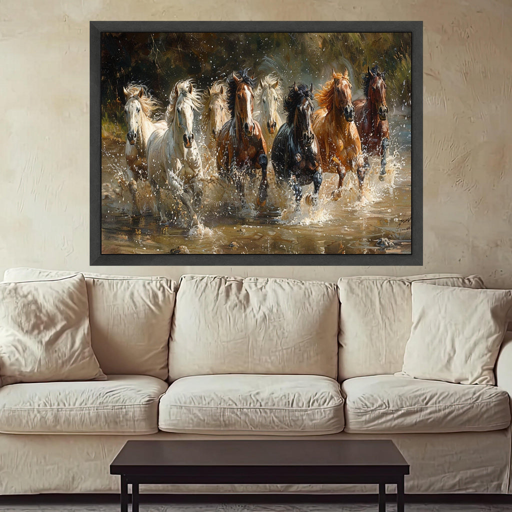Galloping Horses Canvas Wall Art, Running Horses Water Splash, Wild Horse Herd Canvas, Nature Animal Wall Decor, Dynamic Equestrian Scene