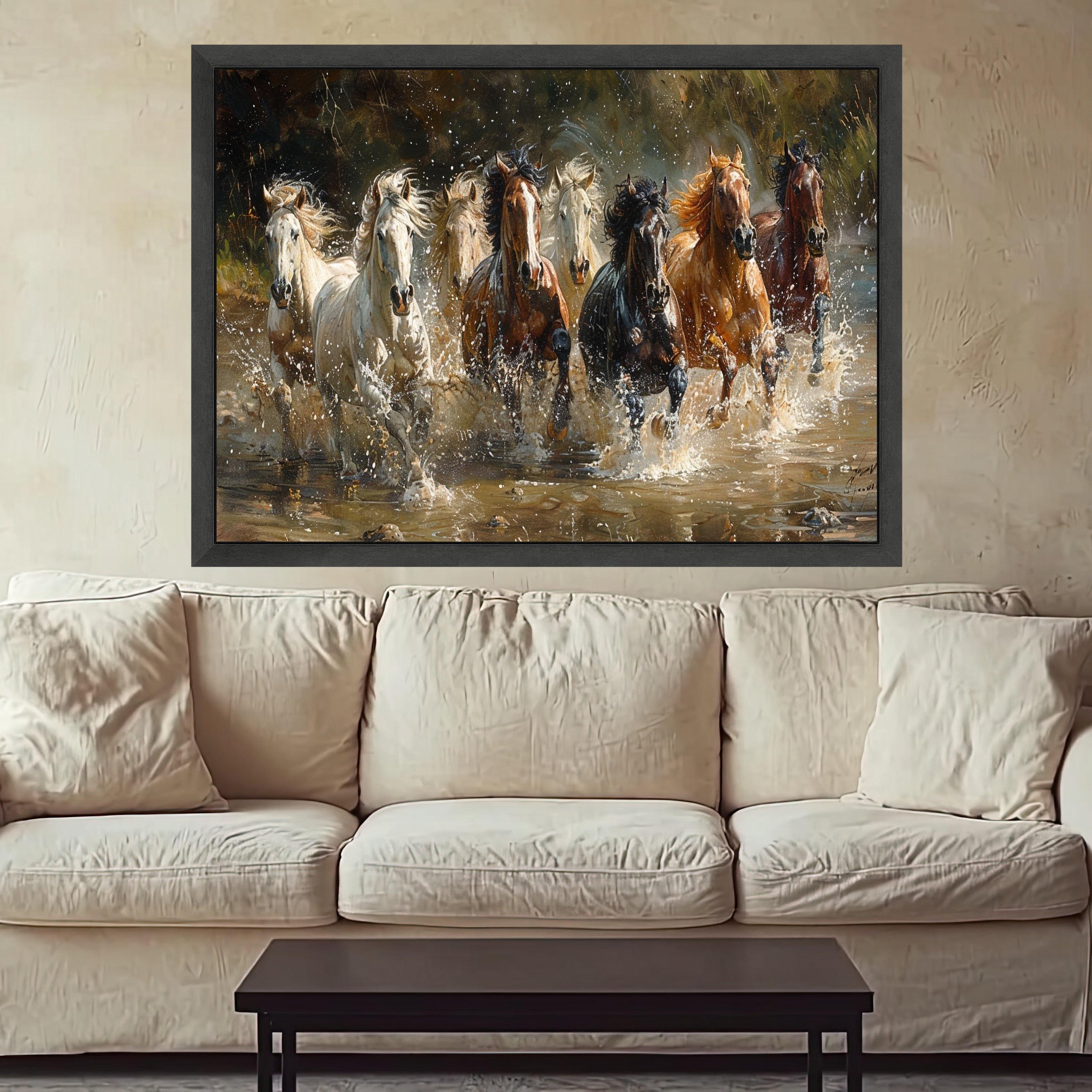 Galloping Horses Canvas Wall Art, Running Horses Water Splash, Wild Horse Herd Canvas, Nature Animal Wall Decor, Dynamic Equestrian Scene