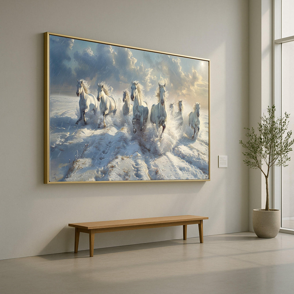 Majestic White Horses Running Through Snow Canvas, Winter Nature Scene Wall Art, Animal Landscape Decoration, Dynamic Outdoor Canvas