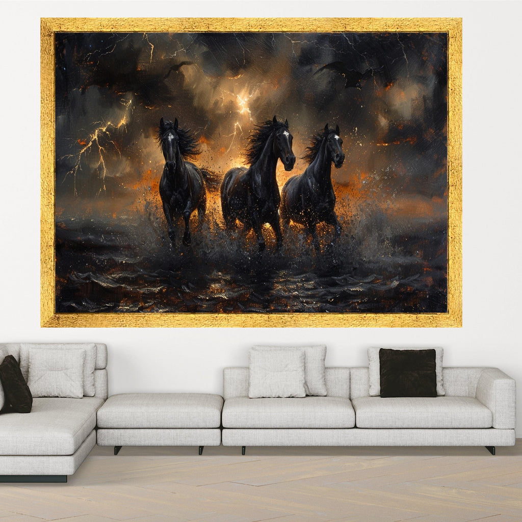 Dark Horse Art Canvas Wall Art Print Storm Running Horses Art Canvas Print Dramatic Lightning Wall Art Print Gothic Decor