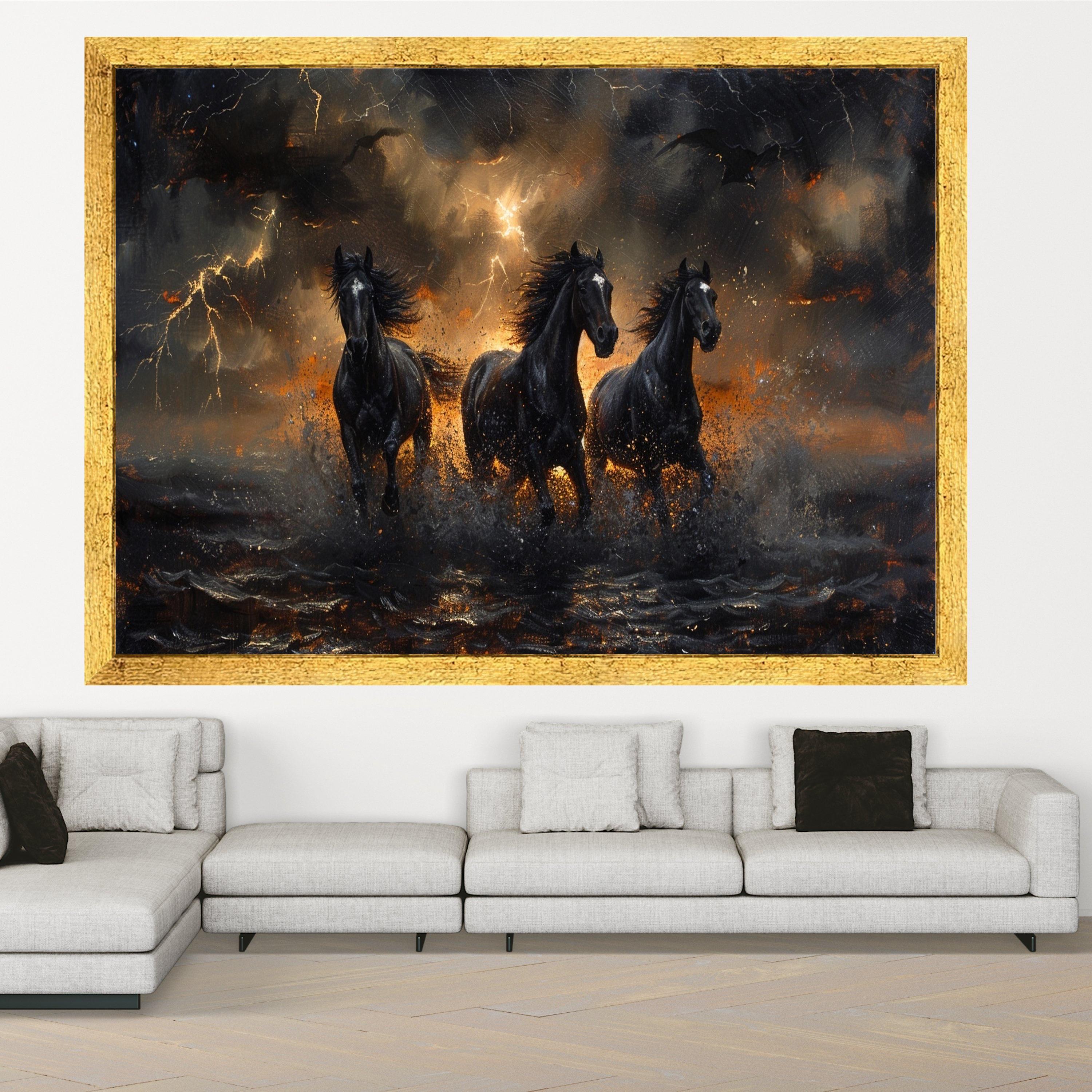 Dark Horse Art Canvas Wall Art Print Storm Running Horses Art Canvas Print Dramatic Lightning Wall Art Print Gothic Decor