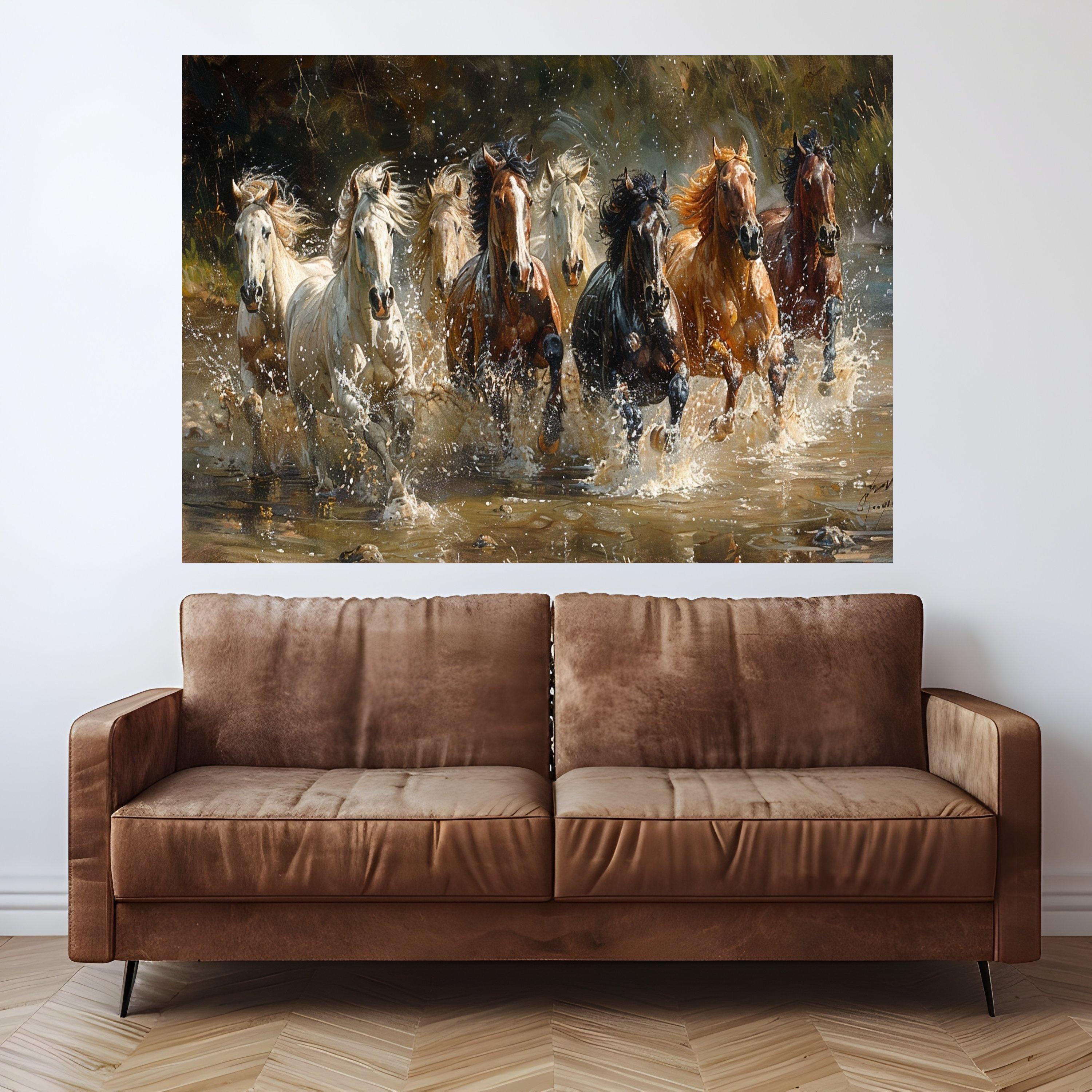 Galloping Horses Canvas Wall Art, Running Horses Water Splash, Wild Horse Herd Canvas, Nature Animal Wall Decor, Dynamic Equestrian Scene