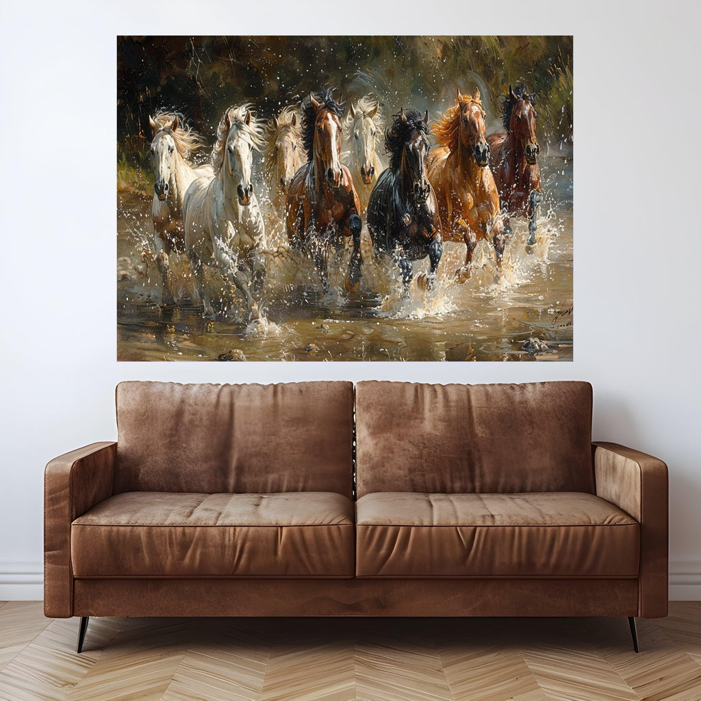 Galloping Horses Canvas Wall Art, Running Horses Water Splash, Wild Horse Herd Canvas, Nature Animal Wall Decor, Dynamic Equestrian Scene