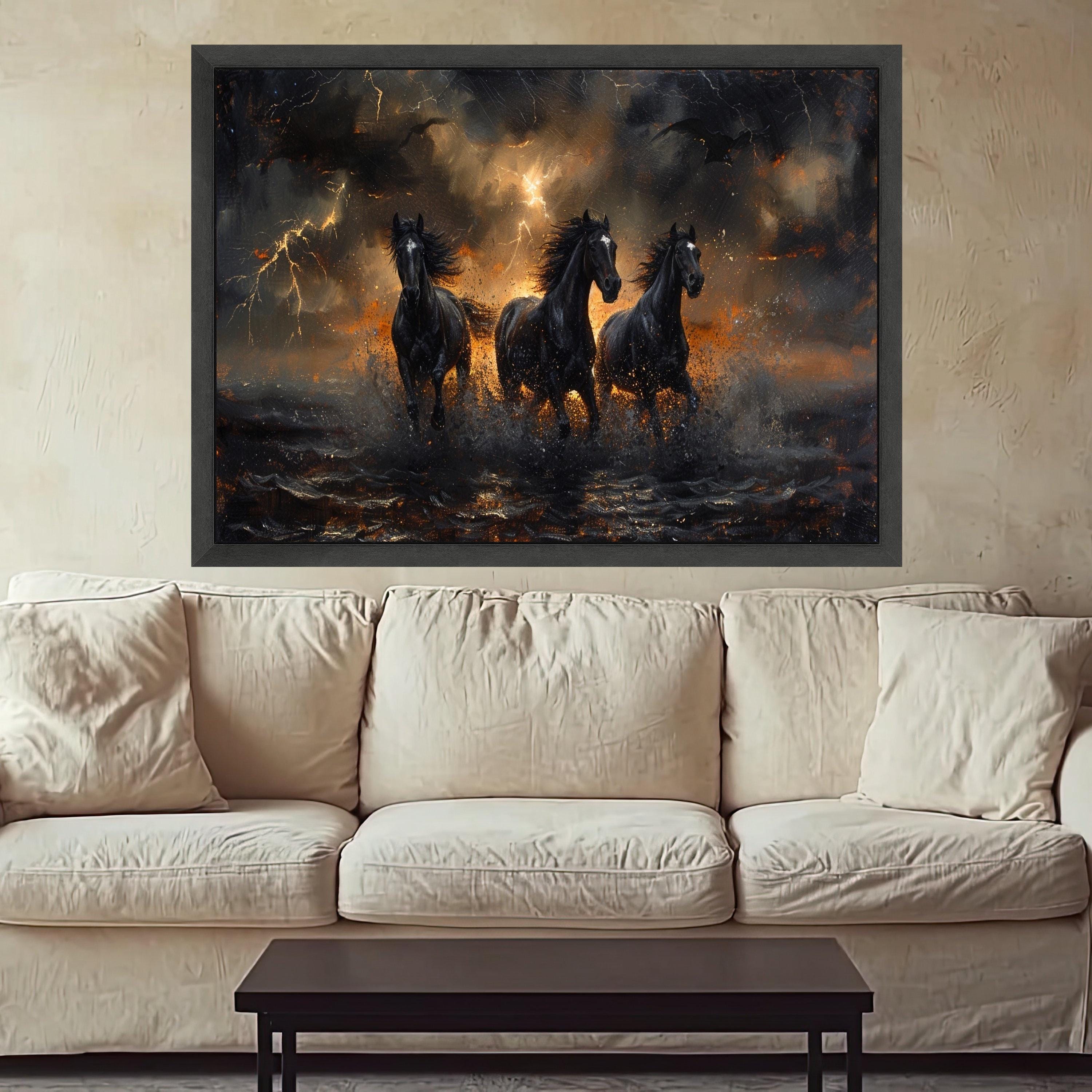 Dark Horse Art Canvas Wall Art Print Storm Running Horses Art Canvas Print Dramatic Lightning Wall Art Print Gothic Decor