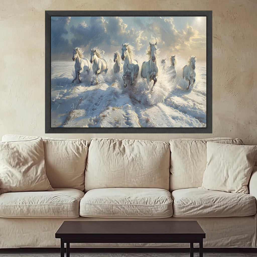 Majestic White Horses Running Through Snow Canvas, Winter Nature Scene Wall Art, Animal Landscape Decoration, Dynamic Outdoor Canvas
